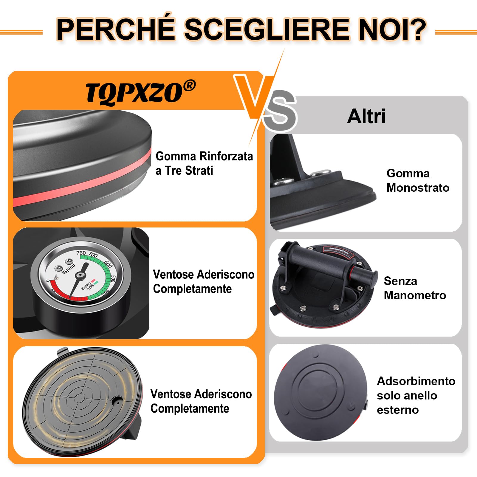 Set di 2 ventose da 8" con manometro, sollevatore a ventosa, portata massima 230 kg, sollevatore a ventosa per piastrelle, vetro, laminato con cassetta degli attrezzi portatile