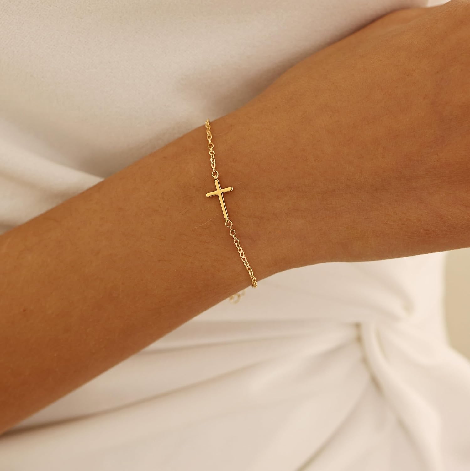 Gold Bracelets for Women,Dainty Gold Cross Bracelet 14K Gold Plated Beaded Bracelets for Women Trendy Bracelet Stack Pearl Bracelet Set Waterproof Chain Bracelet Gold Jewelry for Women Baptism Gifts - Image 6
