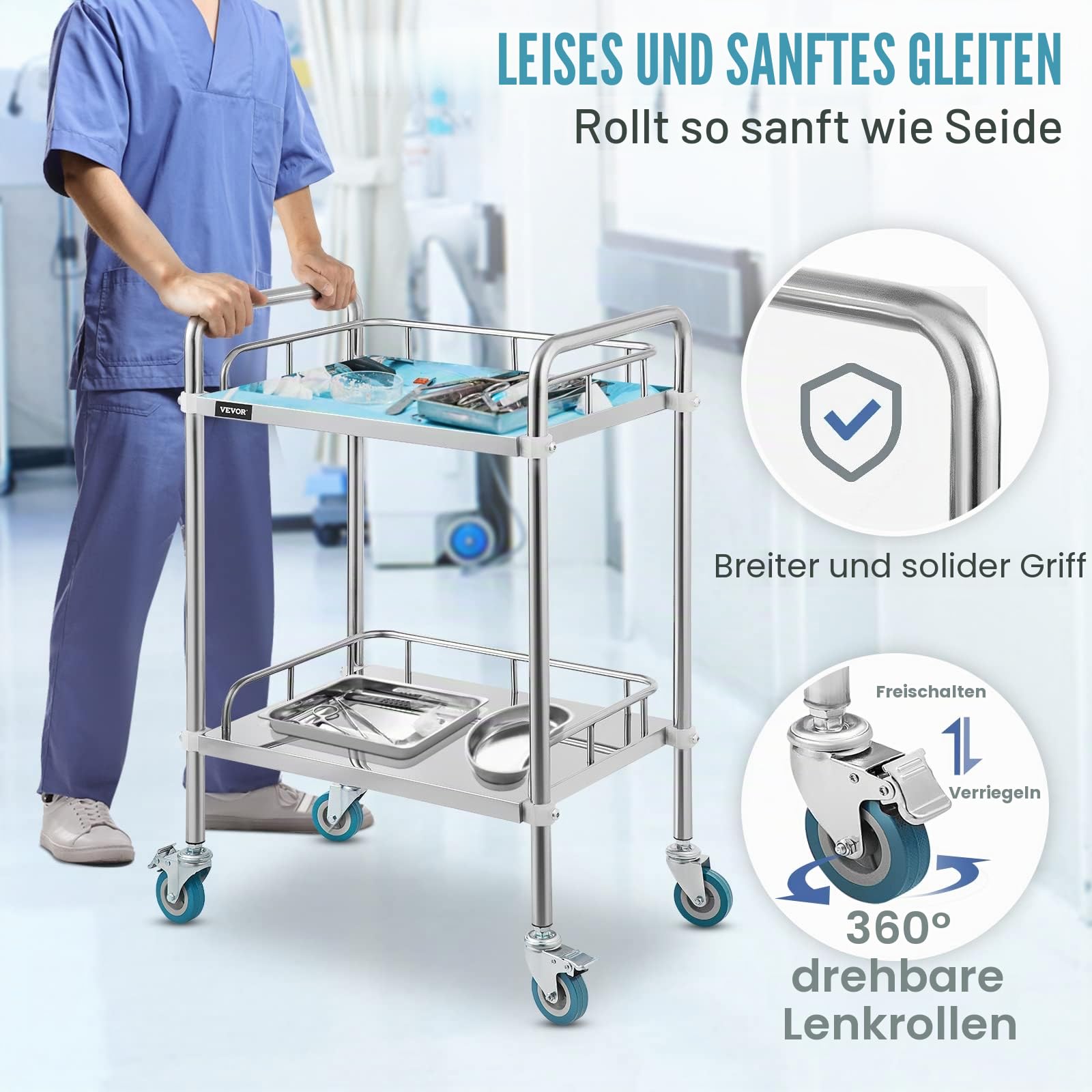 VEVOR Servierwagen Edelstahl Serving Lab Trolley 2 Böden Laborwagen Tragbar Abräumwagen Medical Dental Lab Cart Transportwagen Rollwagen Medizinisch Universalräder Zwei Fußbremsen Breite Anwendung