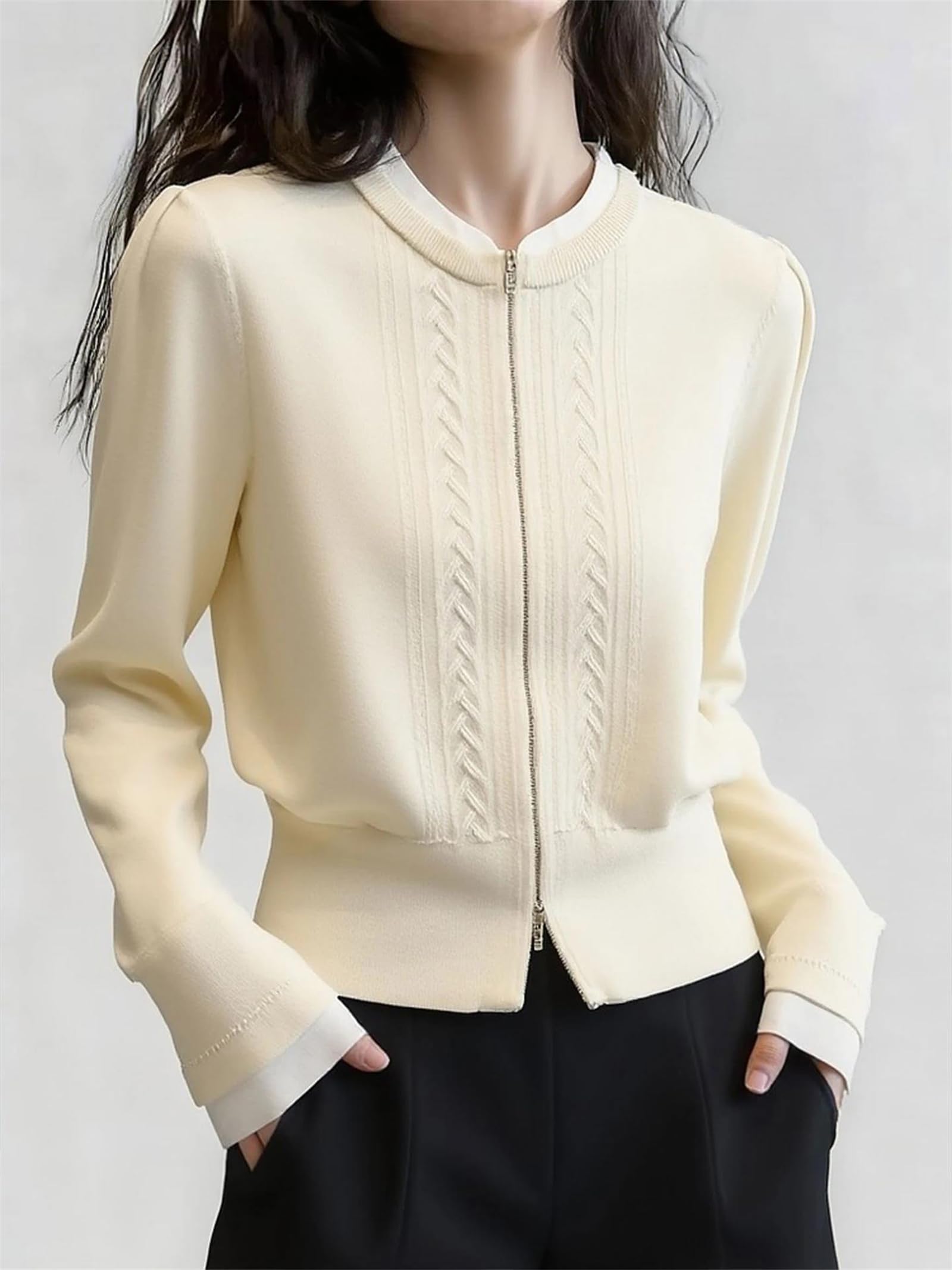 Suéter tipo cárdigan con cremallera para mujer, cuello redondo, doble cremallera, ajuste delgado, para otoño y primavera, elegante chaqueta de manga larga