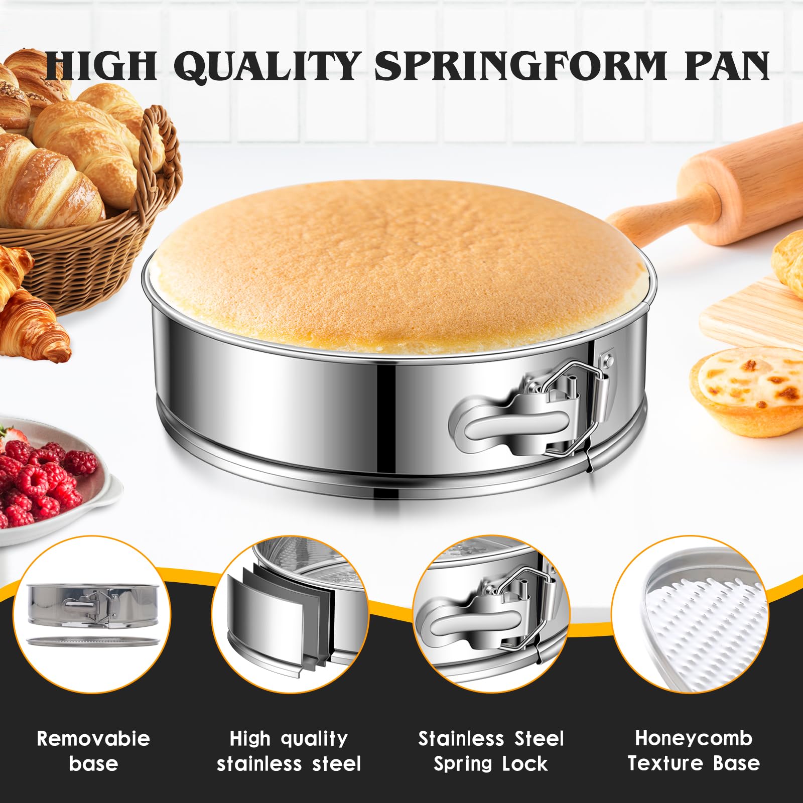 Molde desmontable para tartas de 22,8 cm, de acero inoxidable, molde redondo antiadherente con parte inferior extraíble, molde para tartas para hornear pastelería