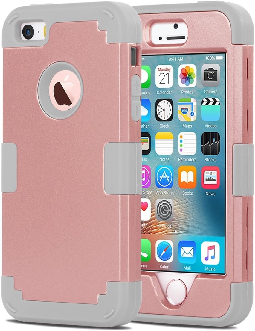 iPhone SE Cases,SE Cases, BENTOBEN Hard PC Shell and Soft Silicone Hybrid iPhone SE Cases 3 in 1 Pieces Shockproof Anti-Scratch Combo Cover for iPhone SE, Rose Gold+Light Grey