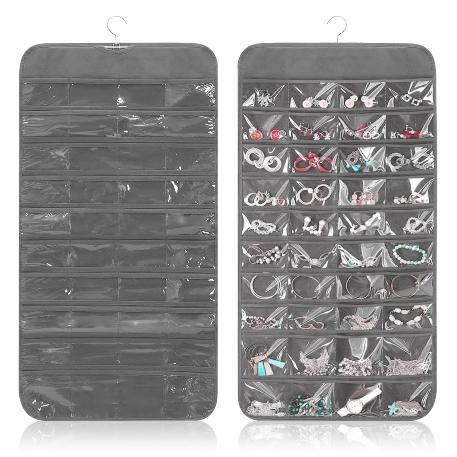 Xmdrou Grey Hanging Jewellery Organiser, Jewelry Organiser With 80 Clear Pockets, Large Capacity Necklace Storage For Necklaces, Earrings, Bracelets, Hangs On Door,Wall