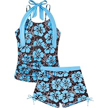 Girls Tankini Swimsuit 2 Piece Halterneck Bathing Suit Size 7-16 | Adjustable spaghetti straps, Removable chest pads, Drawstring shorts, Swimwear for the beach, Swim pool, Hawaiian vacation