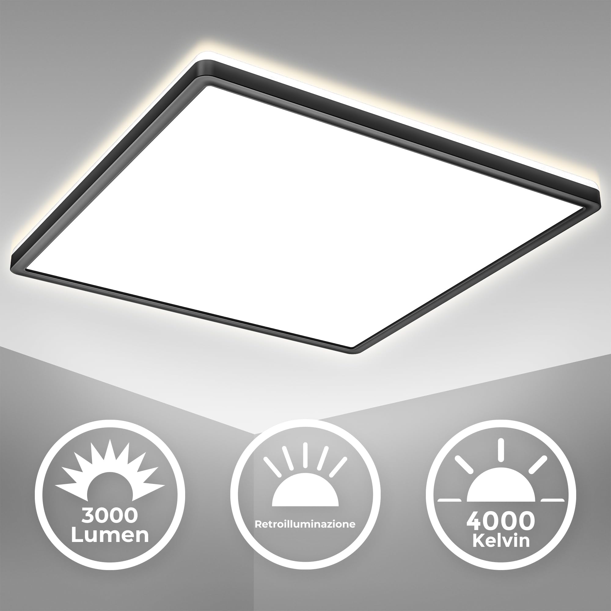 B.K.Licht - Pannello a luce indiretta, piatto, luce bianca neutra, pannello LED soffitto, pannelli led, pannelli led soffitto, 42x42x2,9 cm, nero
