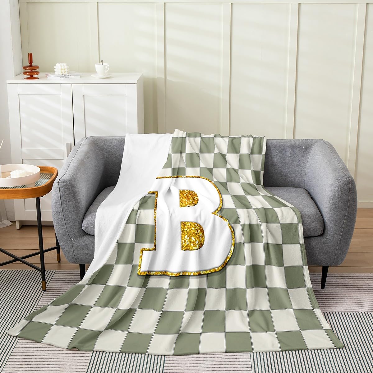 Erosebridal Sage Green Checkered Fuzzy Plush Throw Plaid Initial B Fleece Blanket Personalized Monogram Flannel Blanket for Kids Boys Girls,Fashion Grids Gingham Decor for Bed Couch Queen 90"x90"