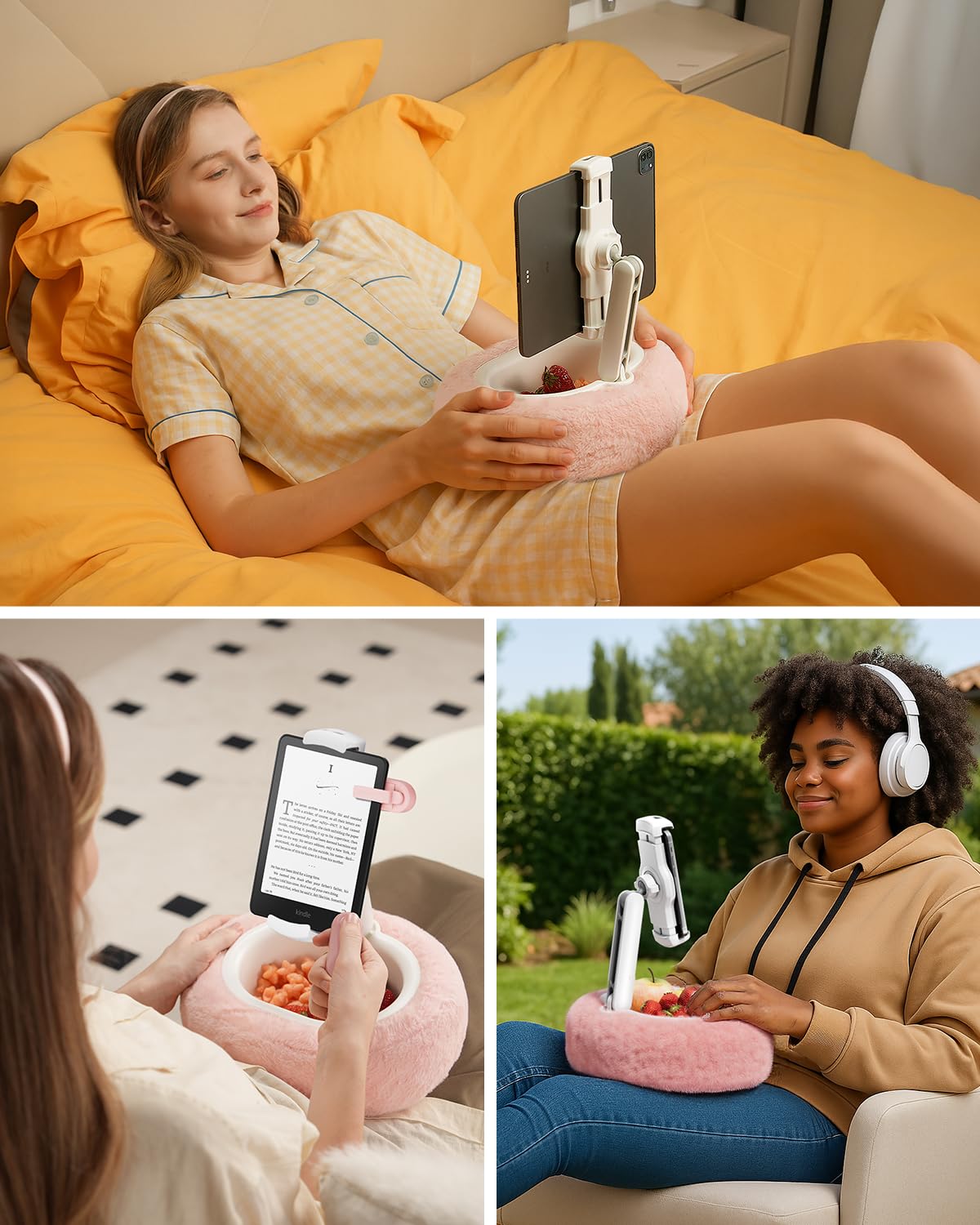 Viozon Supporto per Kindle, supporto per tablet, compatibile con tablet/telefono da 4-11 pollici con ciotola per snack, regolabile, pieghevole, accessori Kindle, idea per leggere a letto e guardare