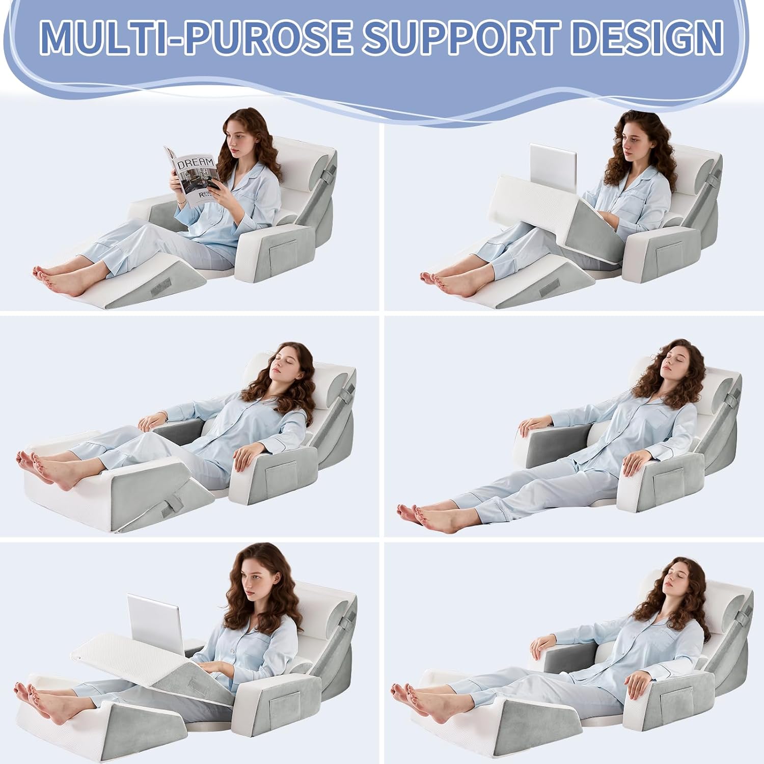 9PCS Wedge Pillow Set for After Surgery Recovery, Adjustable Memory Foam Neck Pillow, Foam Leg Pillow, Relieves Neck, Leg Pain, Sleep Apnea, and Functions as a Reading Pillow, Gray - Image 7