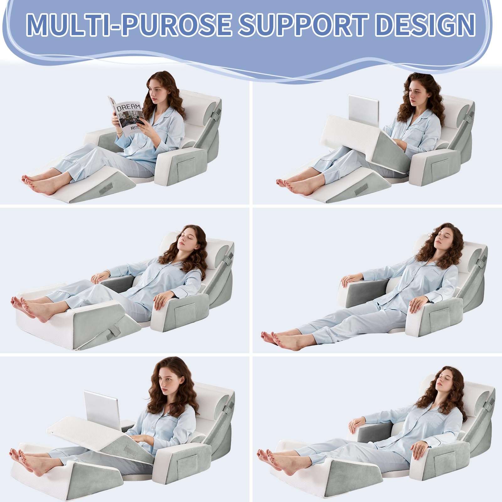 9PCS Orthopädische Bett Keil Kissen Set,Post Chirurgie Schaum Kissen für Körper, Rücken und Beine Schmerzlinderung,Justierbare Stützkissen mit Säure Reflux Bed Wedge Memory Foam Hellgrau