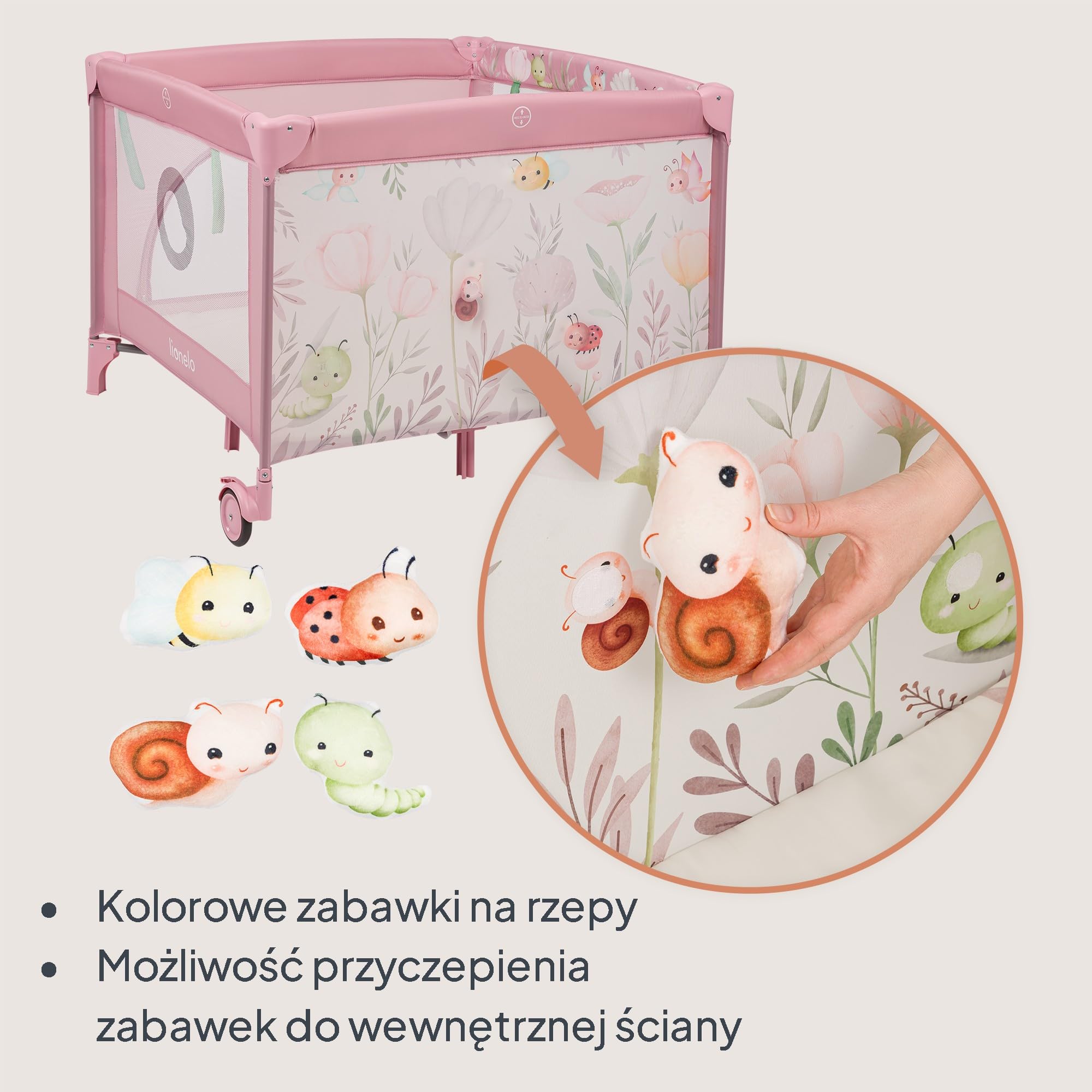 LIONELO Kojec dziecięcy MILLE PLUS do 15 kg 0-36 miesięcy, Boczne Wejście, Materac 3D, 2 Koła z Hamulcem Łatwe Składanie, Torba Transportowa