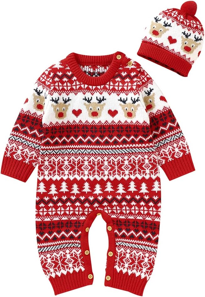 Baby Christmas Rompers Newborn Knitted Girls Boys Onesies Warm Sweater Jumpsuit Outfits