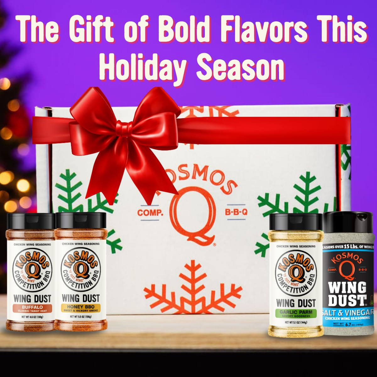 Kosmos Q Ultimate Chicken Wing Box, Includes Buffalo, Honey BBQ, Garlic Parmesan, and Salt & Vinegar, Seasoning Gift Set for Chicken, Popcorn, Fries, & More, Gifts for Men
