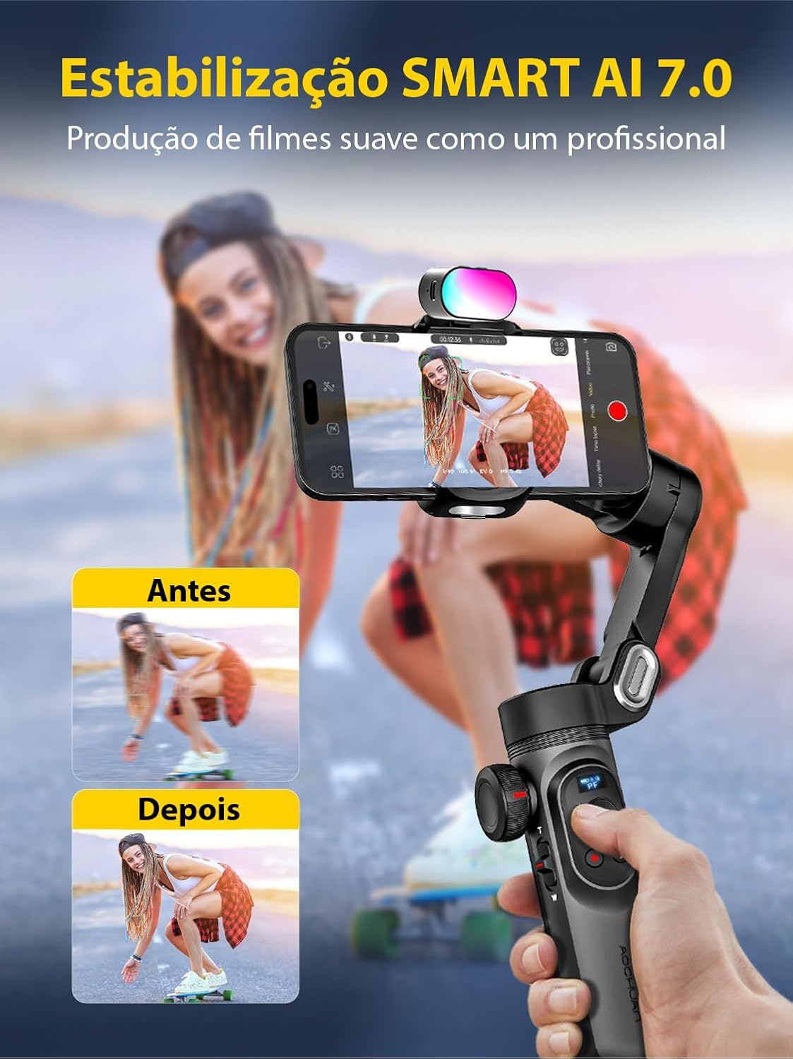 AOC~HUAN Estabilizador para Smartphone, Estabilizador 3 Eixos para Celular com Tripé,Tela OLED com luz LED, Controle por Gestos,Rastreamento Facial, Carregamento Magnético,