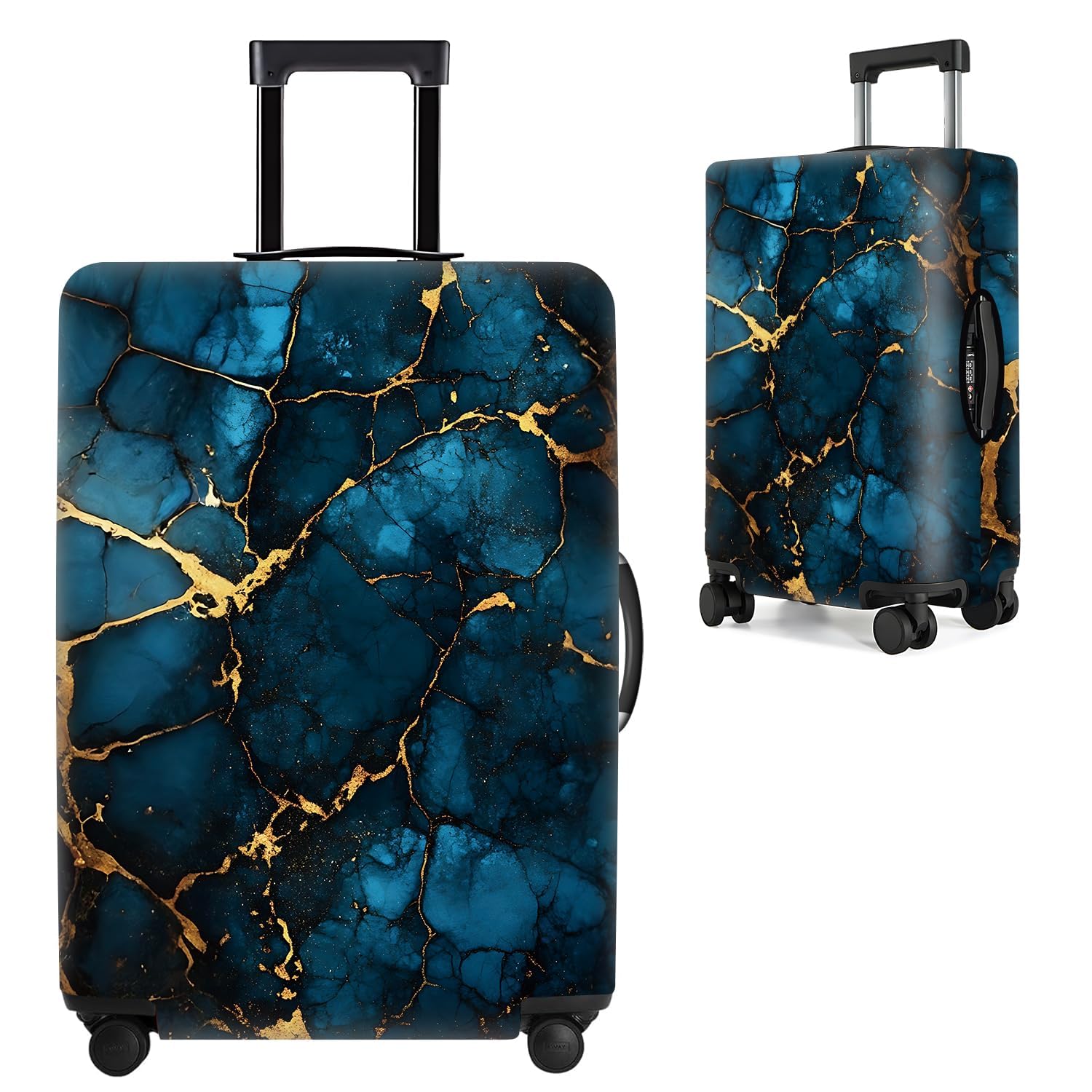 Luggage Cover - Blue Marble Design with Gold Veins, Stretchable Suitcase Protector for 28"-30" Luggage, Durable &amp; Reusable Travel Case Cover,L
