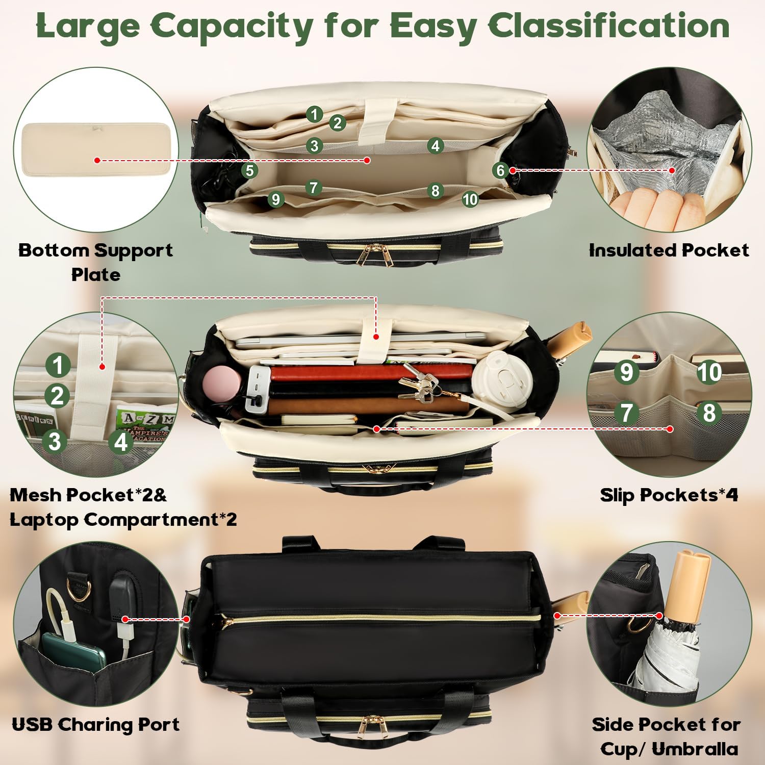 Teacher Tote Bag with Colourful Accordion File Organizer Pocket, USB Port& 15.6 Inch Laptop Compartment, Large Work Bag with Insulated Pocket for School Teacher Essential Nurse Women (Black) - Image 3