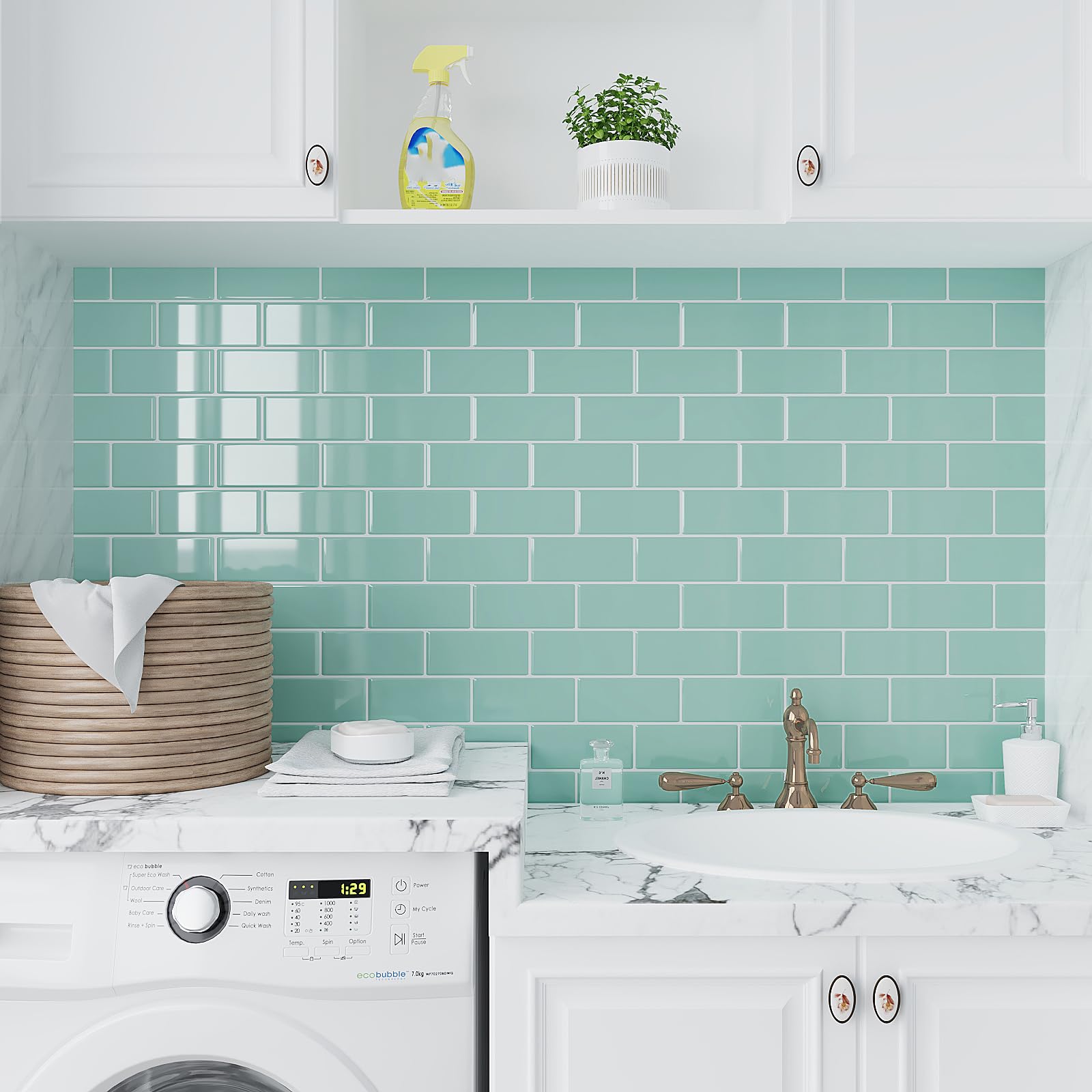 VEELIKE Azulejos Adhesivos 3D Para Baño Y Cocina Baldosas Adhesivas Pared Cocina Rectángulos Verde Menta Vinilos Para Pared Pegatinas De Baldosas 30.5cm×30.5cm 24 Piezas