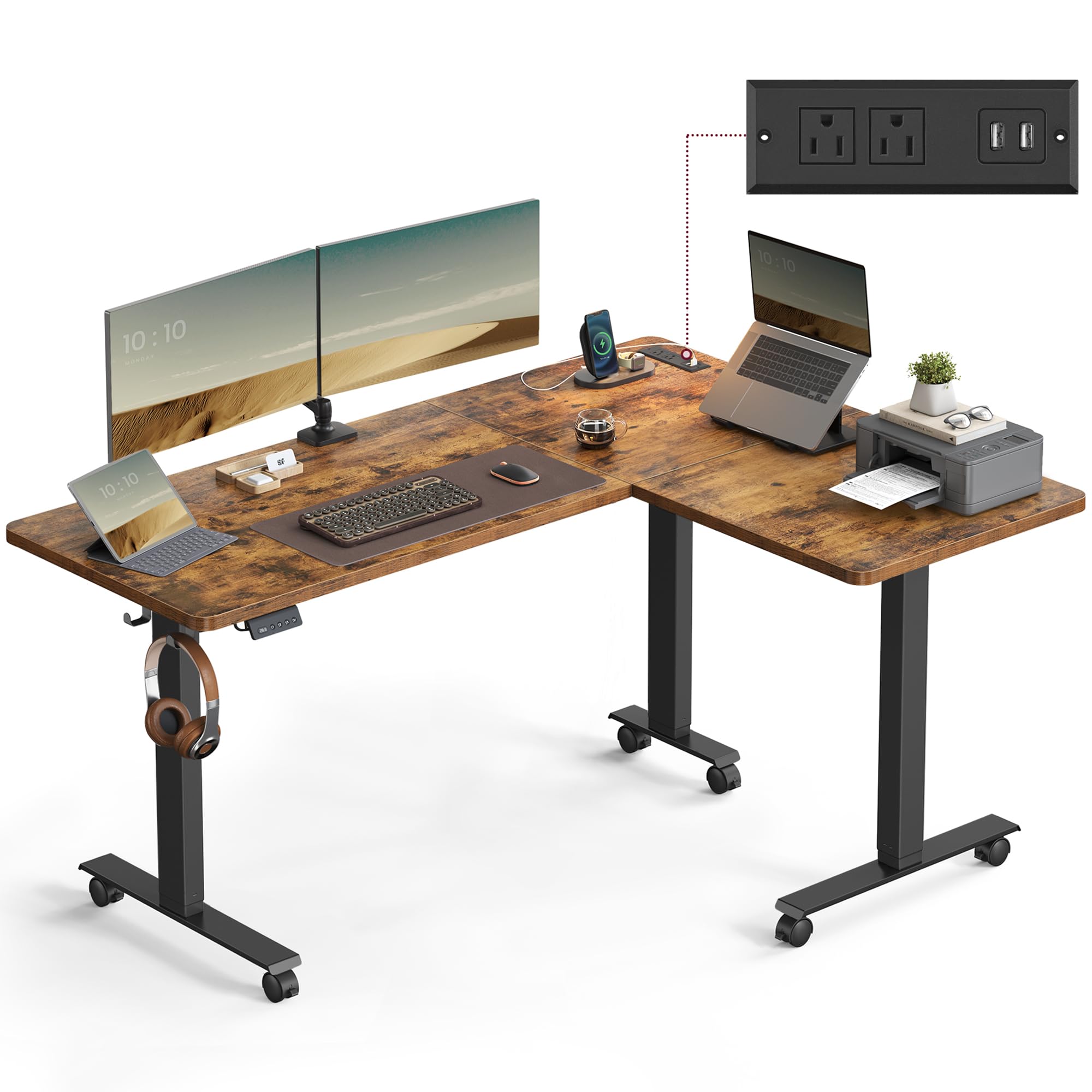 VASAGLE L Shaped Electric Standing Desk, 63 x 47.2 Inches, Height Adjustable Corner Desk with Power Outlets, 2 Memory Buttons, Easy to Assemble, for Home Office, Rustic Brown ULSD242K01