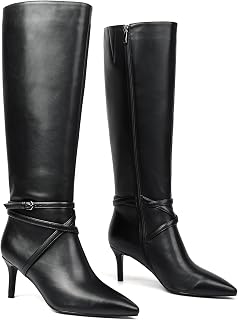 Women's Knee High Boots Pointed Toe Kitten Heel Tall Boots with Buckle Strap Fashion Dress Boots Side Zip Elegant Winter Boots