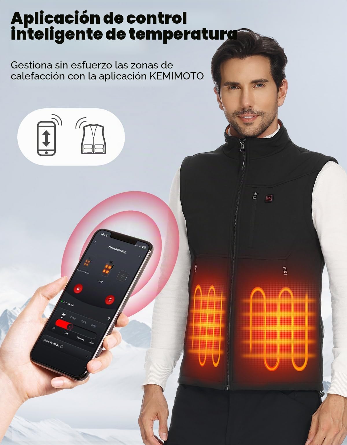 KEMIMOTO Chaleco Calefactable, Chalecos Impermeable Térmicos APP Exclusiva y Batería de 10000 mAh, Tejido Softshell Tela a Prueba de Viento 3 en 1, 4 Zonas de Calor Moto Esquí Senderismo