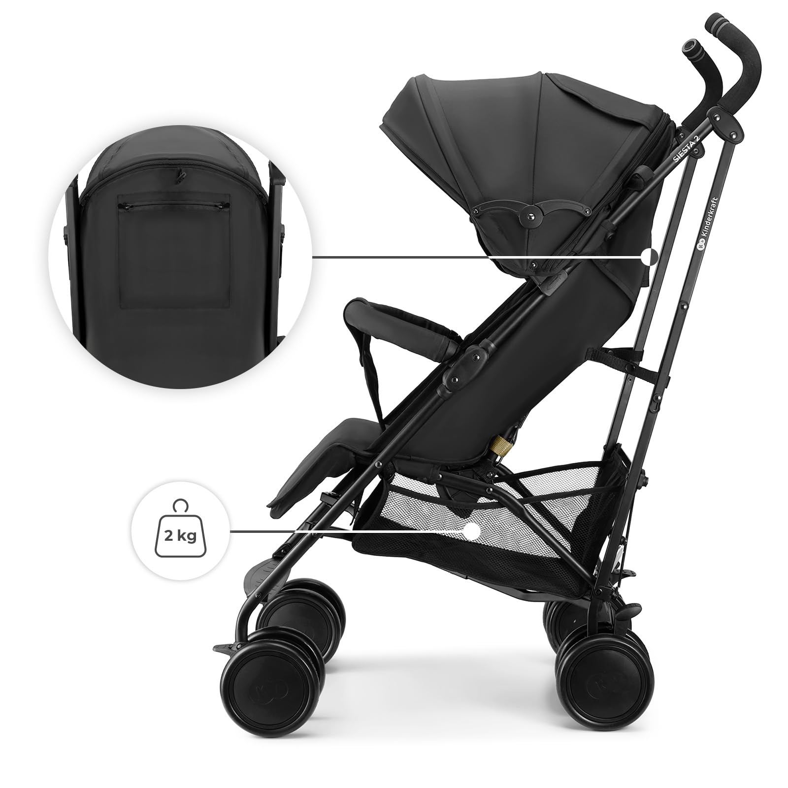 Kinderkraft passeggino SIESTA 2 fino a 22 kg, solo 7,9 kg, chiusura ad ombrello, posizione sdraiata, poggiapiedi regolabile, capottina traspirante con rete e finestrella peekaboo, compatto, Nero