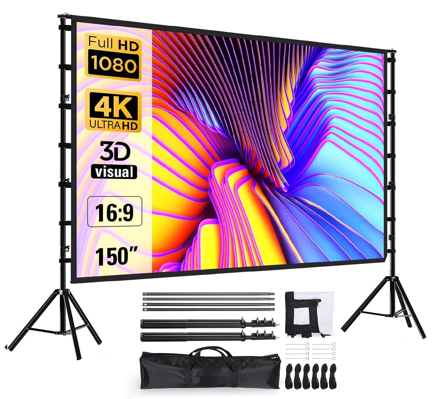 Projector Screen and Stand 150 Inch, Outdoor Portable Projector Movie Screen Pull Down, Indoor Projections Screen with Stand 16:9 4K Full HD Support Height Adjustable for Home Theater