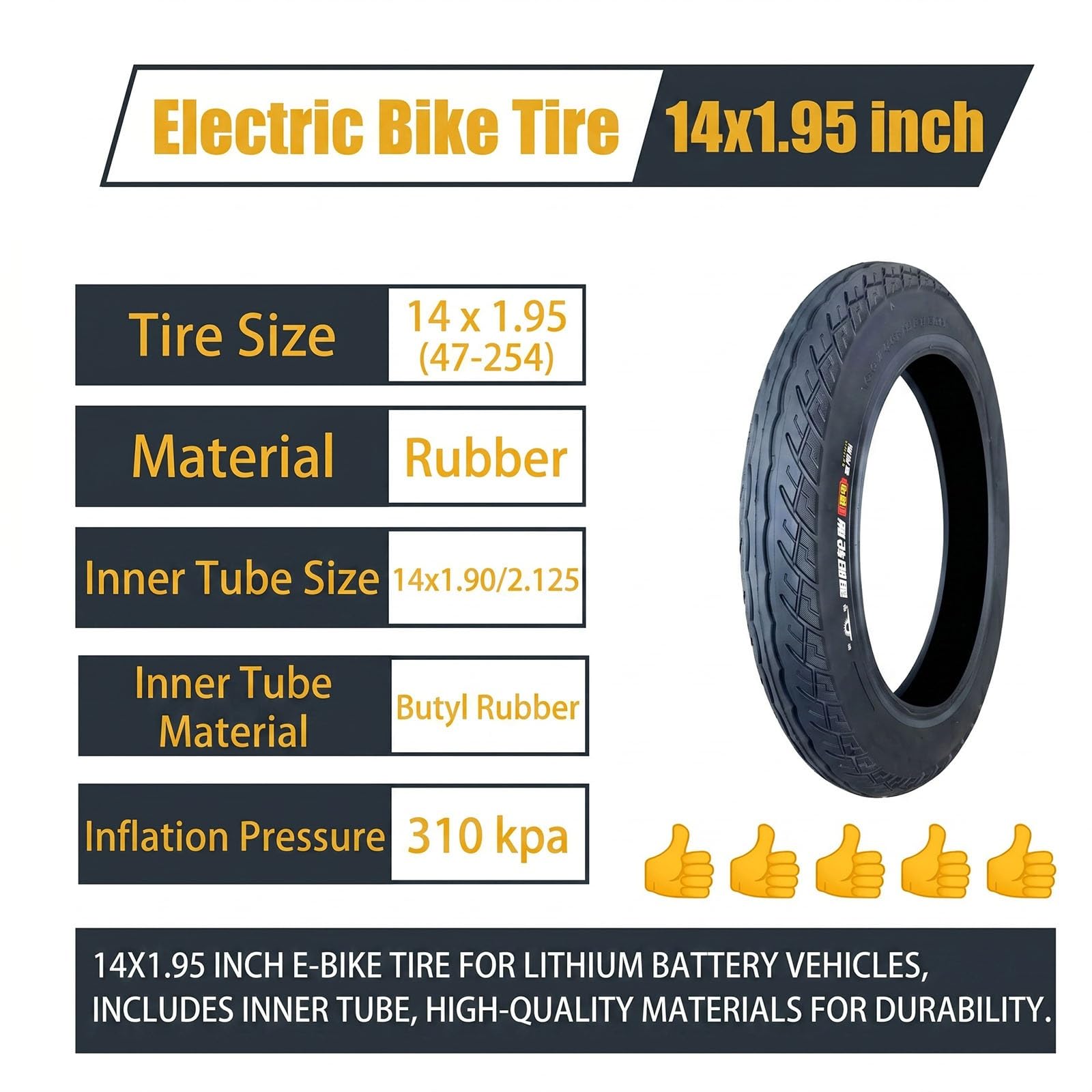 2pcs 14x1.95 Pneumatico per Bici Elettrica | 14 1.95 Pneumatici Resistenti Alle Forature con Camera D'aria | Antiscivolo per Bici Pieghevole
