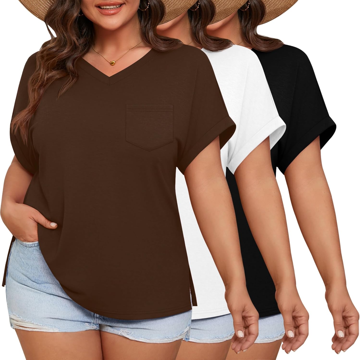 Ficerd 3 Pack Women’s Plus Size T-Shirts, V Neck Short Sleeve Oversize Tunics Tops Sides Split Summer Loose Tees with Pockets