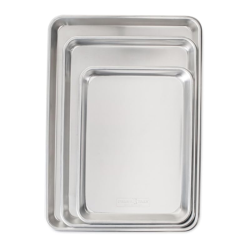 Nordic Ware Naturals 3 Piece Set - USA Made Aluminum Commercial Quality Sheet Pan for Baking or Roasting, Encapsulated Galvanized Steel Rim Prevents Warping; Half Sheet, Jelly Roll and Quarter Sheet B