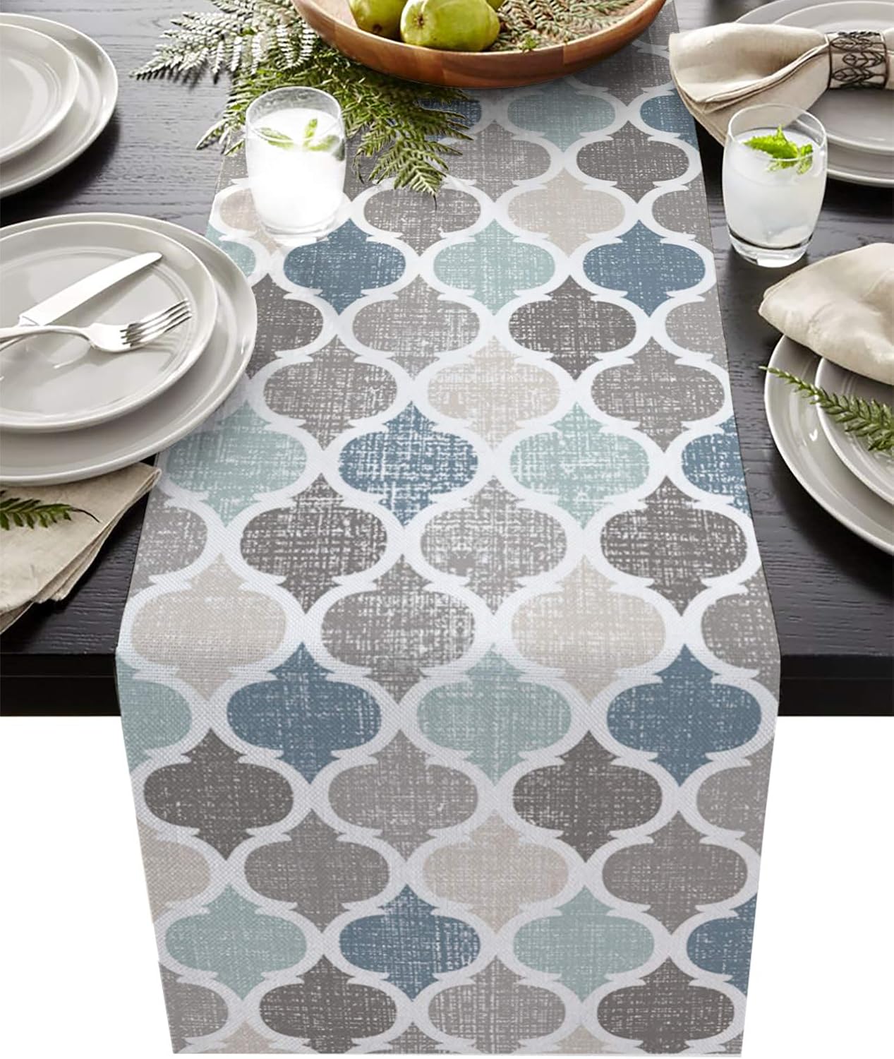 Dining Table Runner Dresser Scarf Linen Burlap Fabric,Moroccan Geometric Quatrefoil Lattice Vintage Pattern Washable Table Runners 90 Inches Long for Farmhouse Home Kitchen Wedding Party Decor