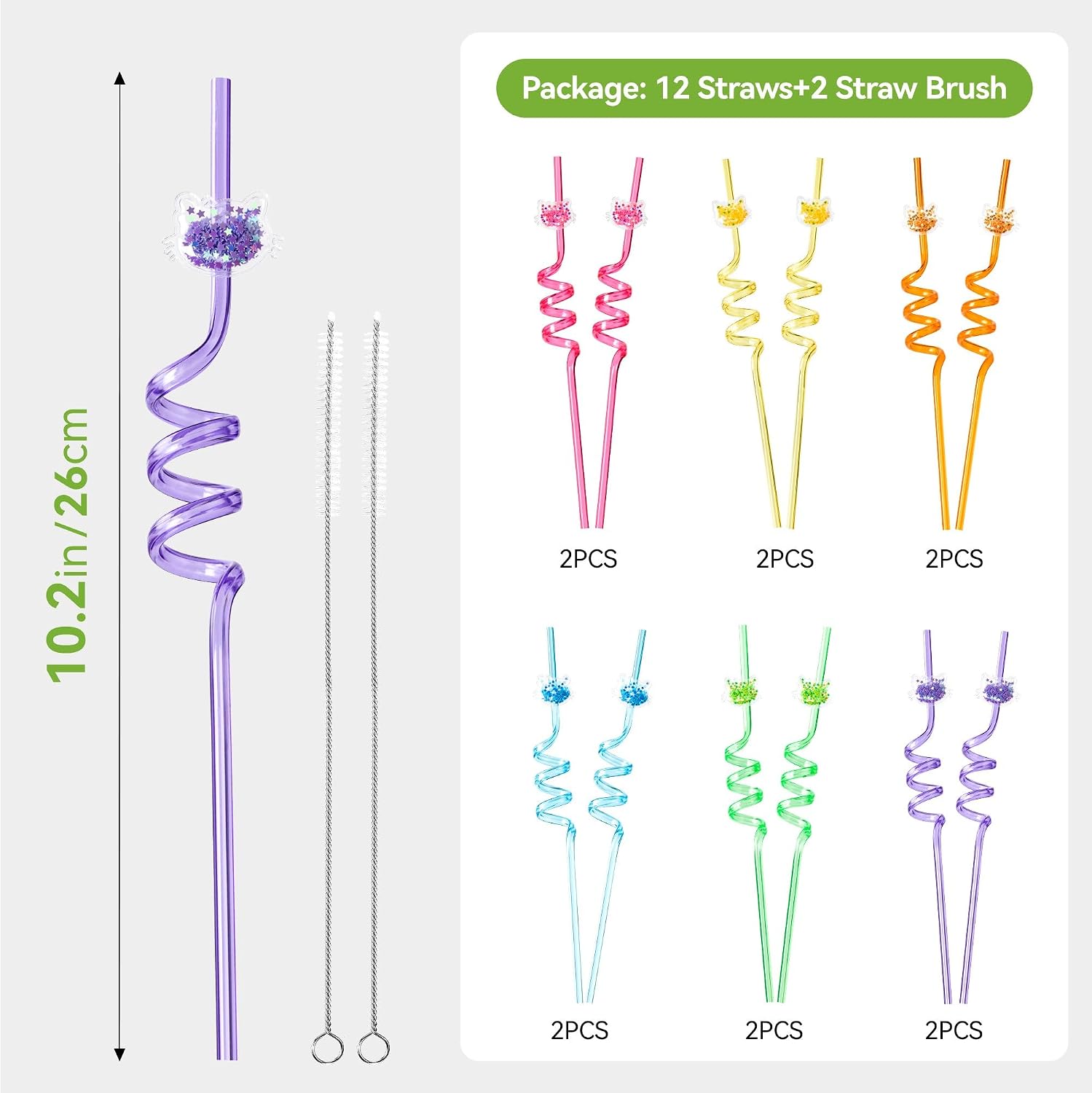 Snowfall 12 Pcs Glitter Cat Straws For Birthday Party Favors,Cute Crazy Reusable Drinking Straw, Plastic Silly Straws for Party Supplies Decorations Gift with 2 Cleaning Brushes(Cat)