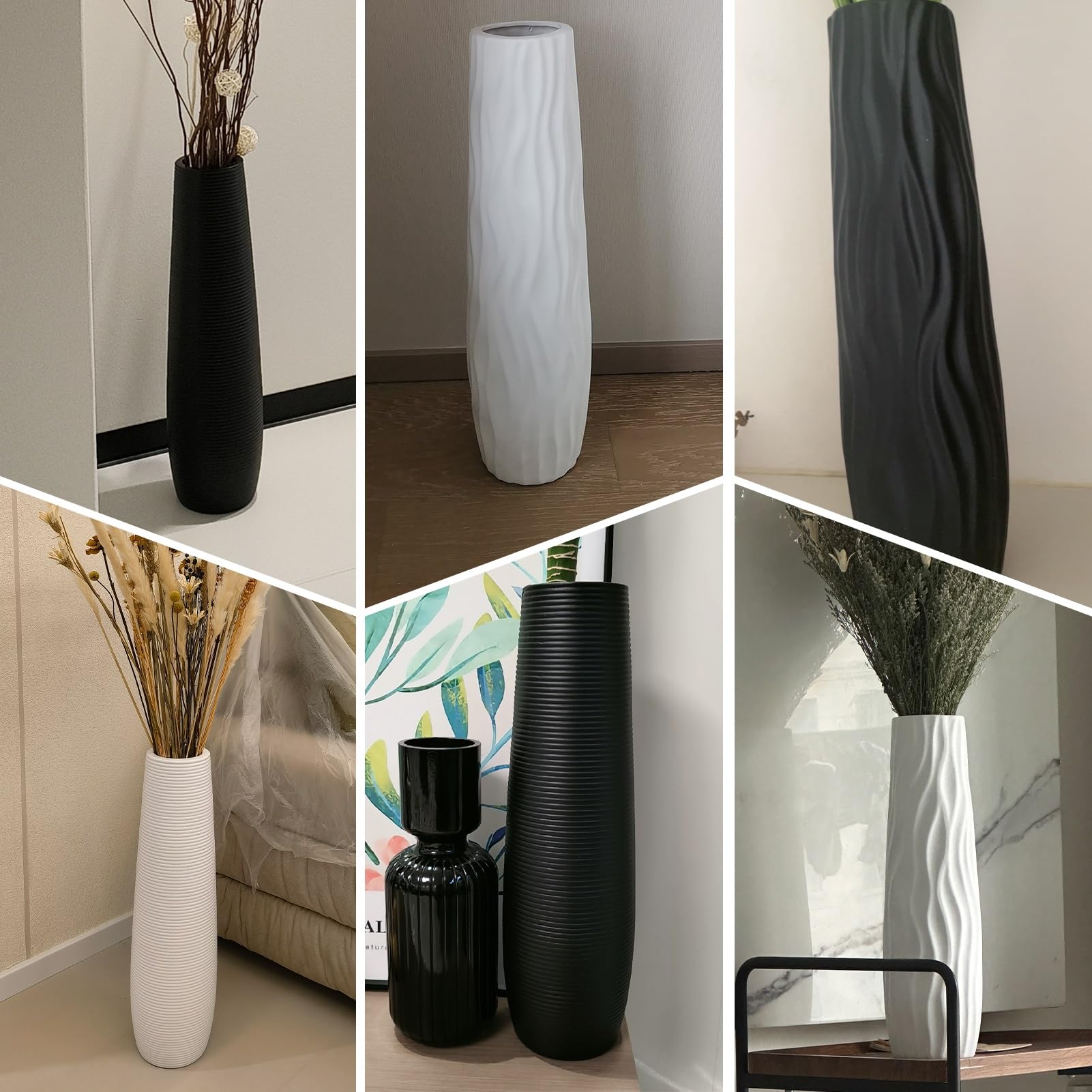 Jarrón nórdico de cerámica de pie de 76 cm, decoración moderna en blanco y negro para sala de estar para flores secas, adornos elegantes, accesorios elegantes para el hogar
