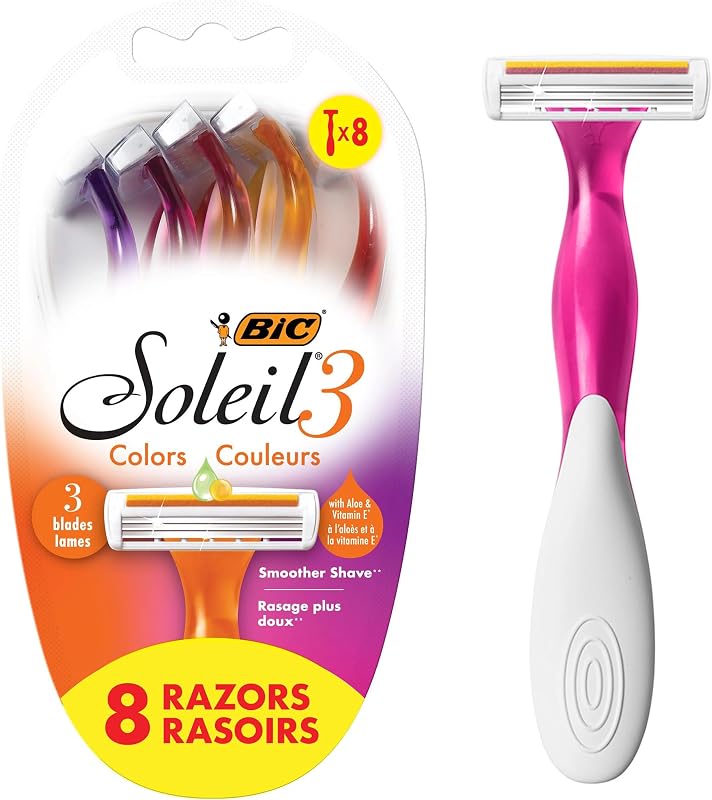 BIC Soleil 3 Colors Maquinillas de afeitar desechables de 3 hojas para mujer, paquete de 8, suave