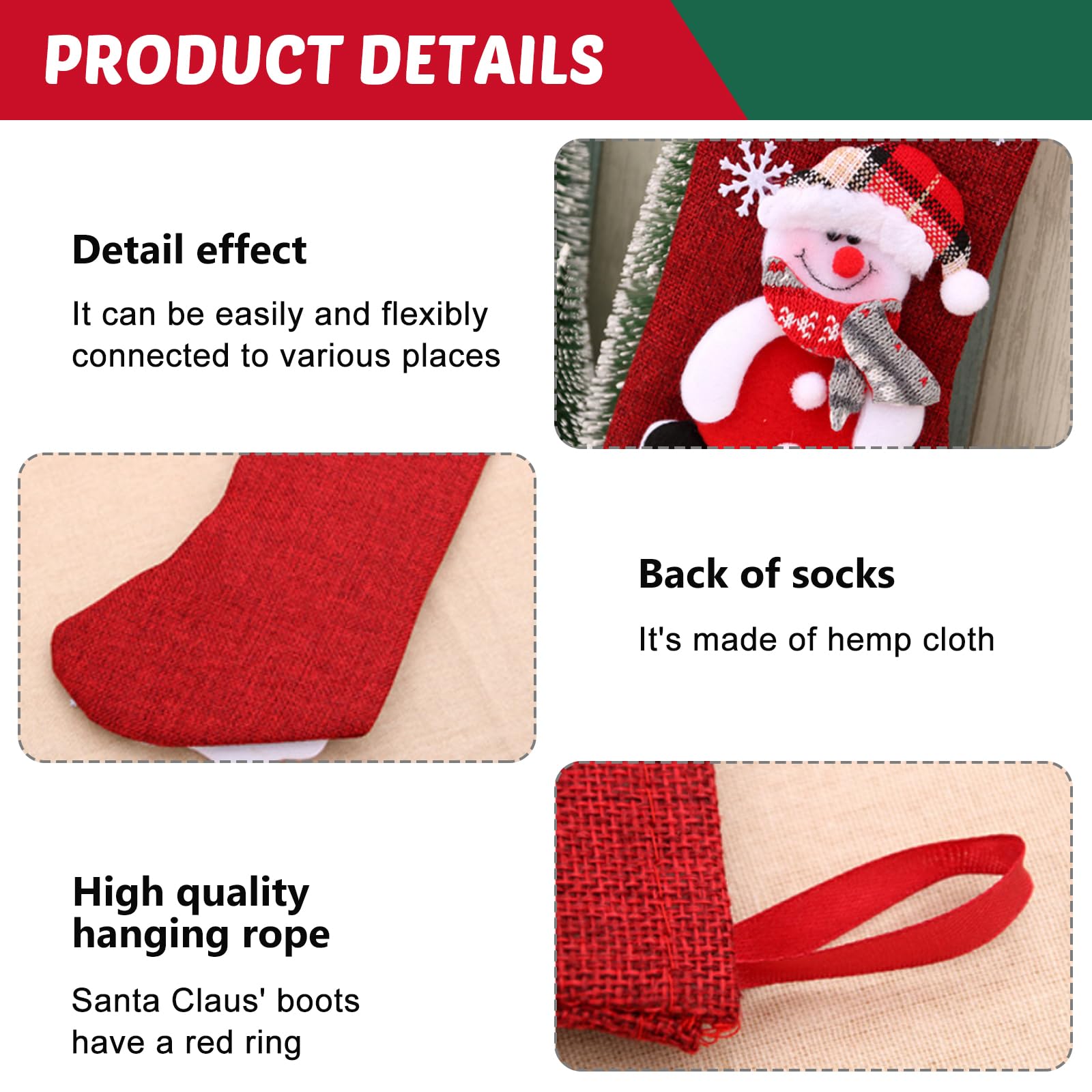 Sporgo Grande chaussette de Noël : lot de 4 chaussettes de Père Noël à remplir pendentif décoration de Noël, chaussette de Père Noël sac cadeau suspendre cheminées, murs, escaliers, arbres de Noël