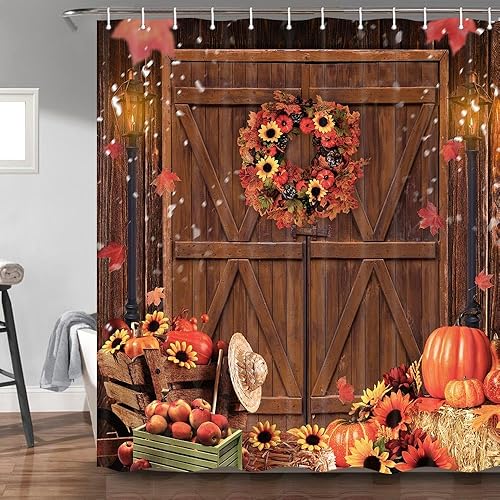 Miniatura 6 de Cortina de ducha de espantapájaros de otoño, cosecha de calabaza, Acción de Gracias, heno de granja, cortinas de baño para el hogar, juego de