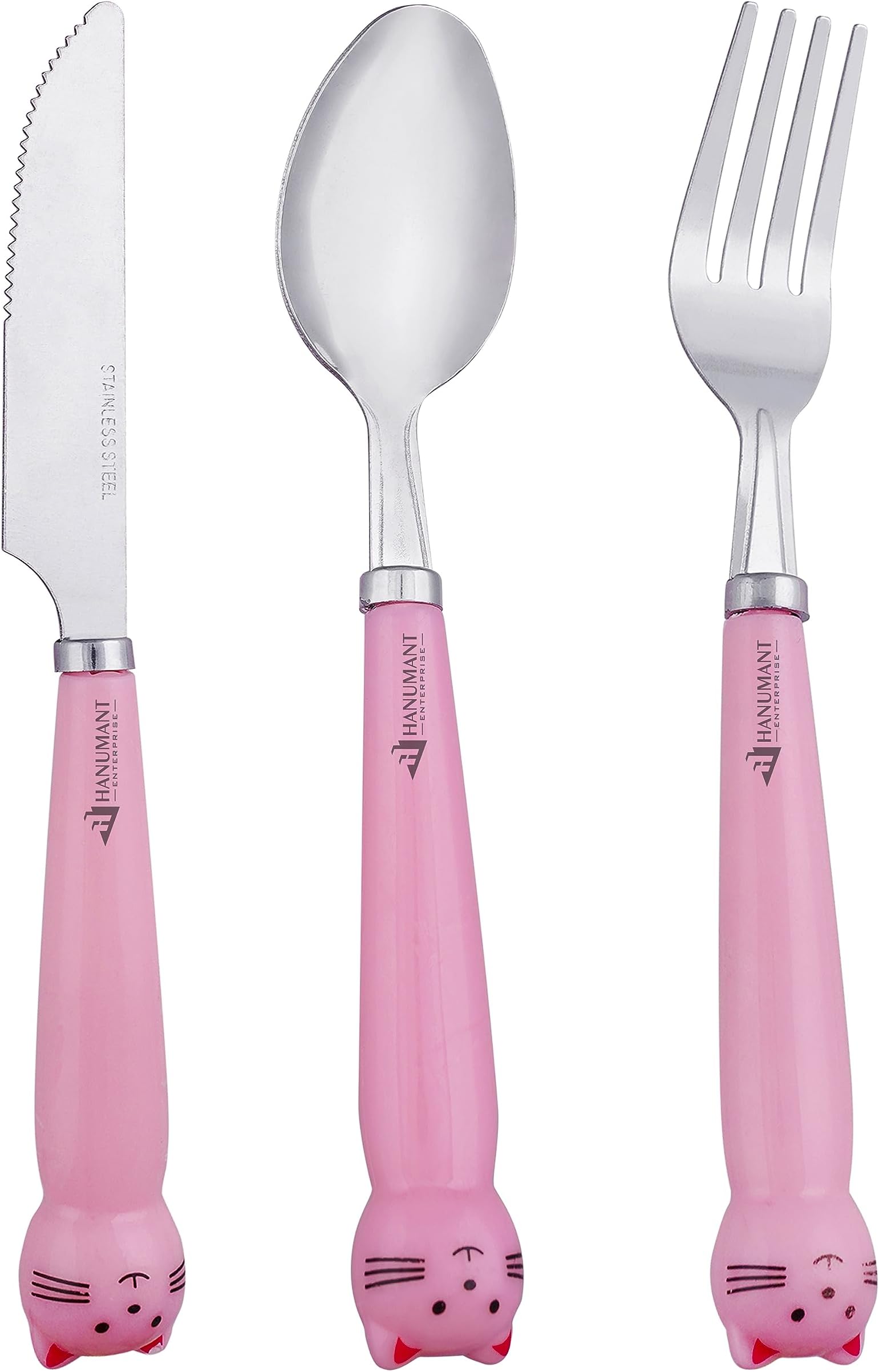 H HANUMANT ENTERPRISE Kids Silverware with Plastic Handle | Childrens Safe Flatware | Kids Utensils Stainless Steel | Spoon + Fork + Knife Set | 18+ Months | 3 Pieces | Pink