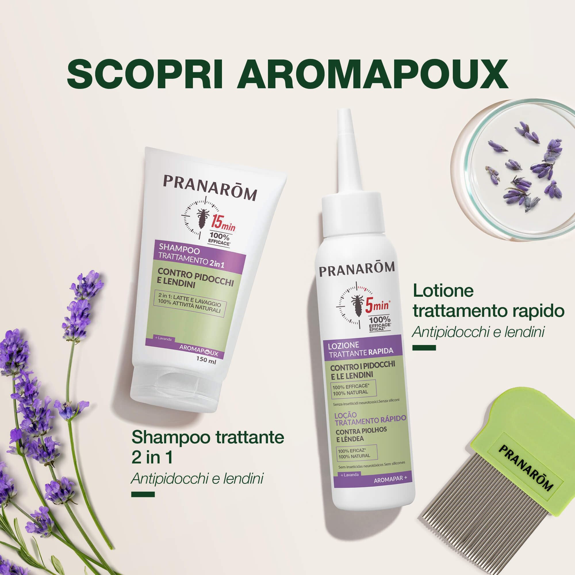 Pranarôm Aromapoux Duo Lozione Antipidocchi 2x100 ml | Con lavanda vera e olio di cocco, pettine incluso. Agisce in 5 minuti, dai 6 mesi.