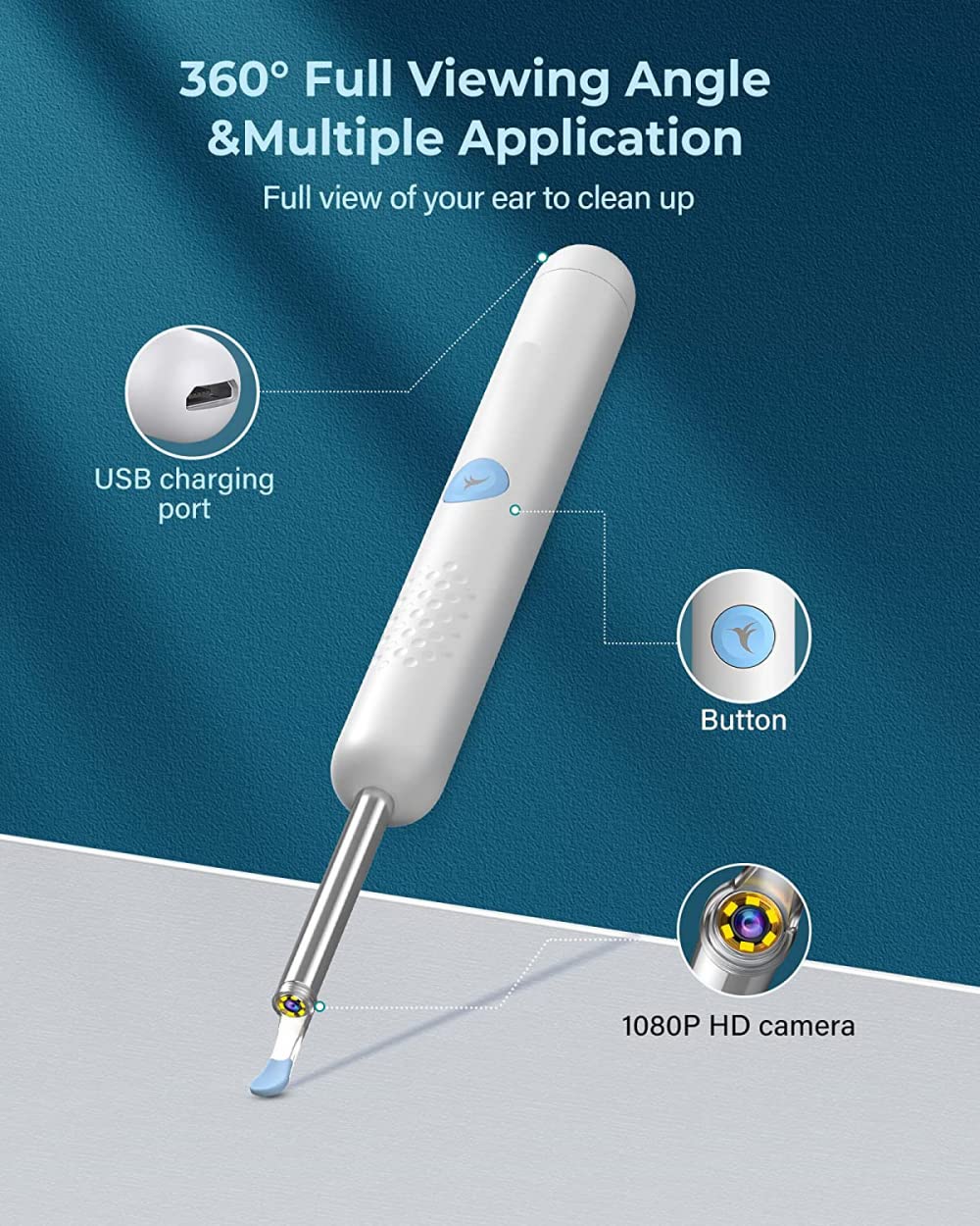 SELET Herramienta de Cera de oído con otoscopio 1080P, de oídos con 2 cucharas de Silicona, cámara de oído con 6 Luces LED para Limpieza de oídos, Compatible con iOS, Andriod, Negro/Blanco-Black