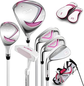 PGM Left Handed Golf Club Set - Junior Complete Golf Club Set for Kids Children - Driver#1, Hybrid, Iron#7,#9,#S, Putter, Golf Stand Bag