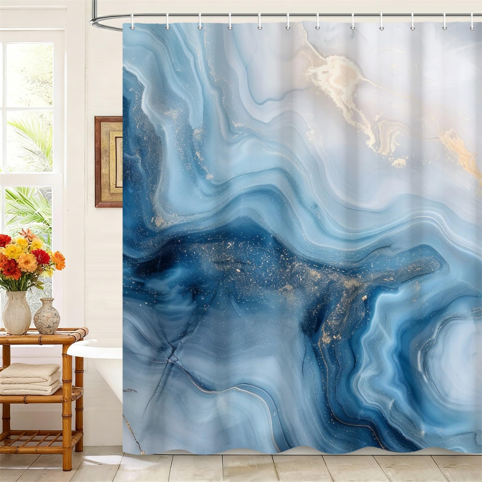 Kzzfqxb 180x200cm Shower Curtains with Plastic Hooks, Waterproof Occluded Blue Golden Marble Texture Milky Waterflow Wave Modern Art Pattern for Bath, Polyester Fabric for Bathroom Bathtub — image 1