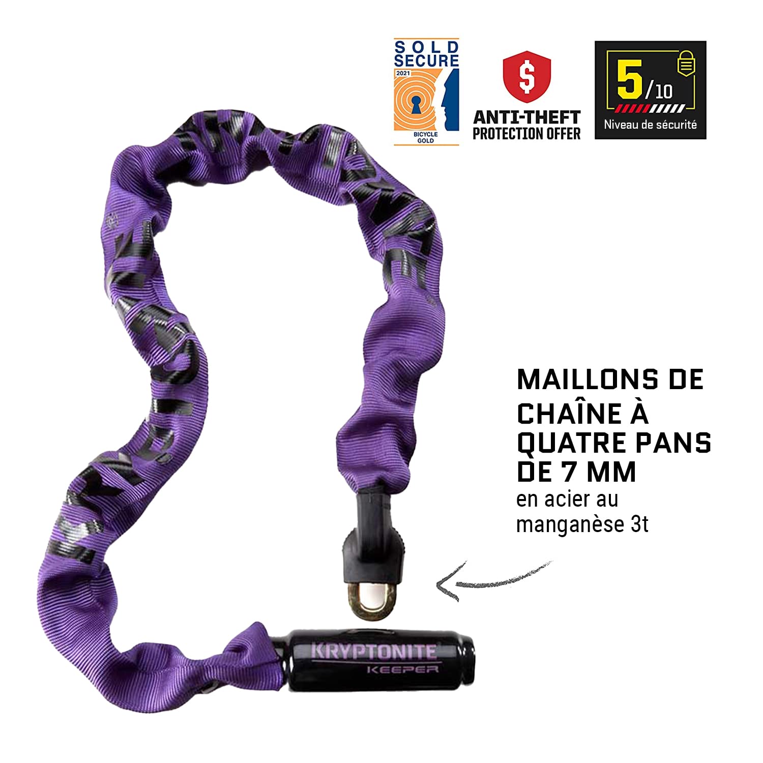 Image secondaire de Antivol Vélo Kryptonite Keeper 785 avec Chaîne Intégrée - Sécurité Élevée 5/10 - 85 cm Violet