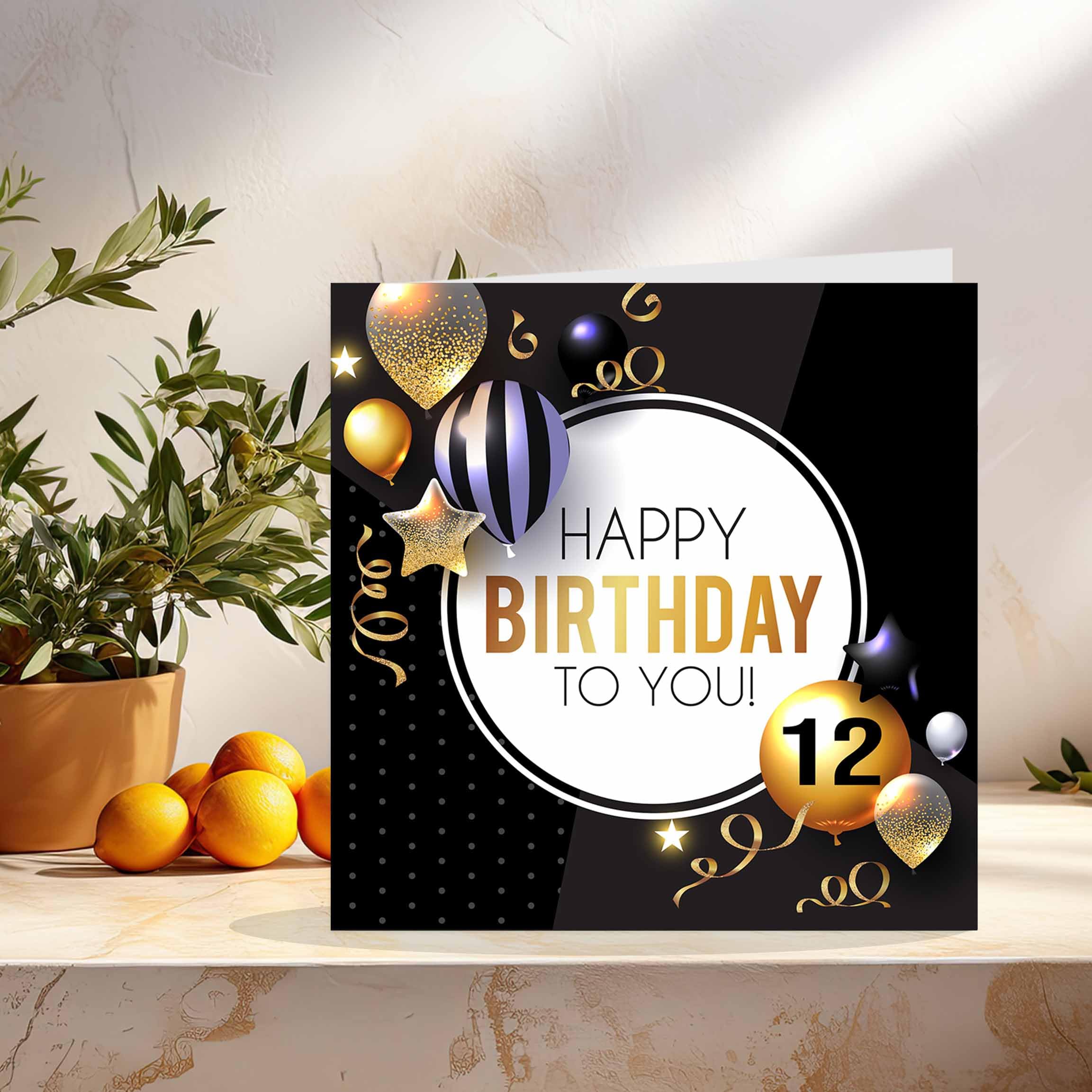 12th Birthday Card For Boys - Black & Gold Glitter Balloons - Happy Birthday Cards For 12 Year Old Boy Son Brother Grandson Cousin, 145mm X 145mm Twelve Twelfth Bday Greeting Cards