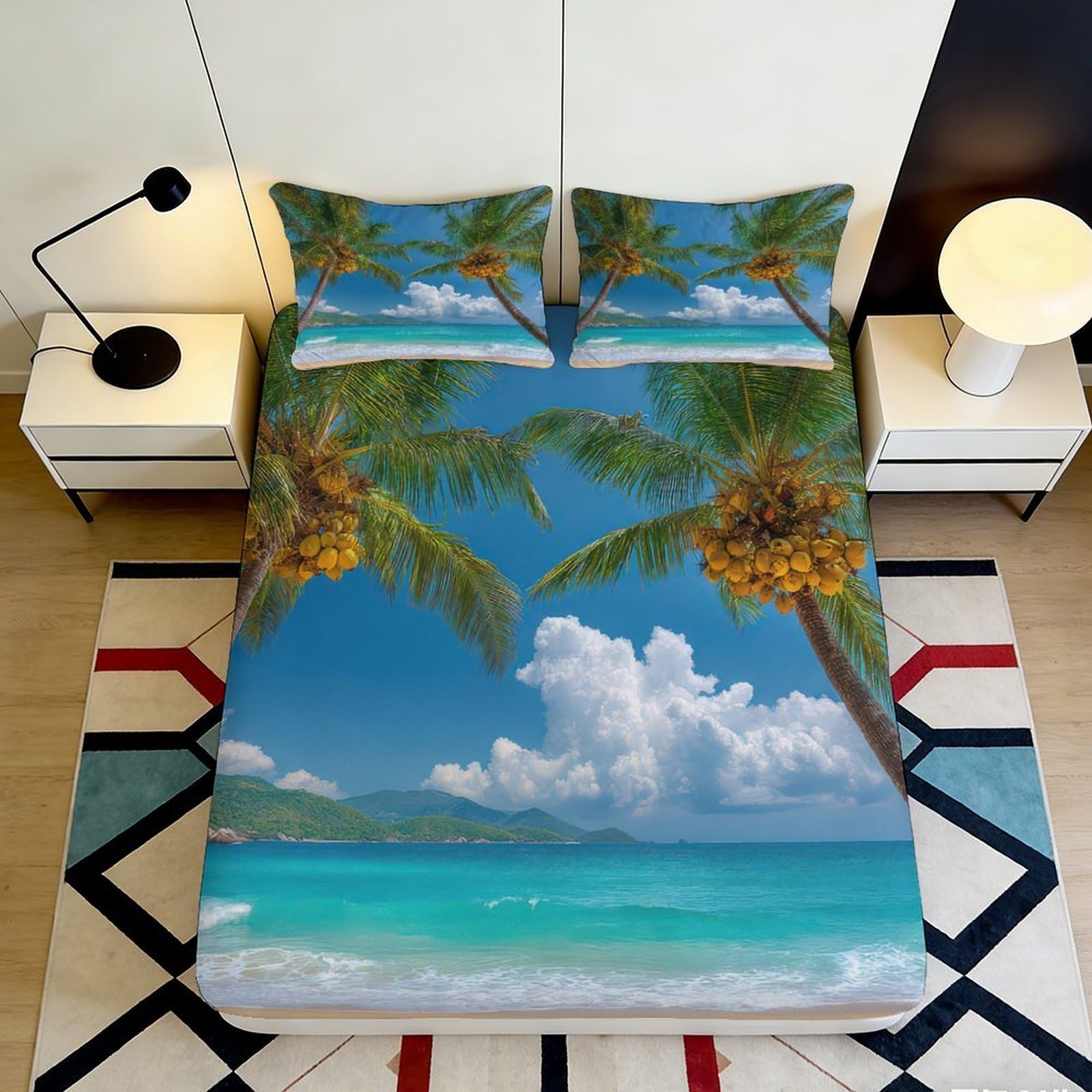 3D Printed Tropical Beach Fitted Sheet Microfiber Soft Palm Tree Ocean Mattress Cover for Bedroom Guest Room Decor 90x200x25cm