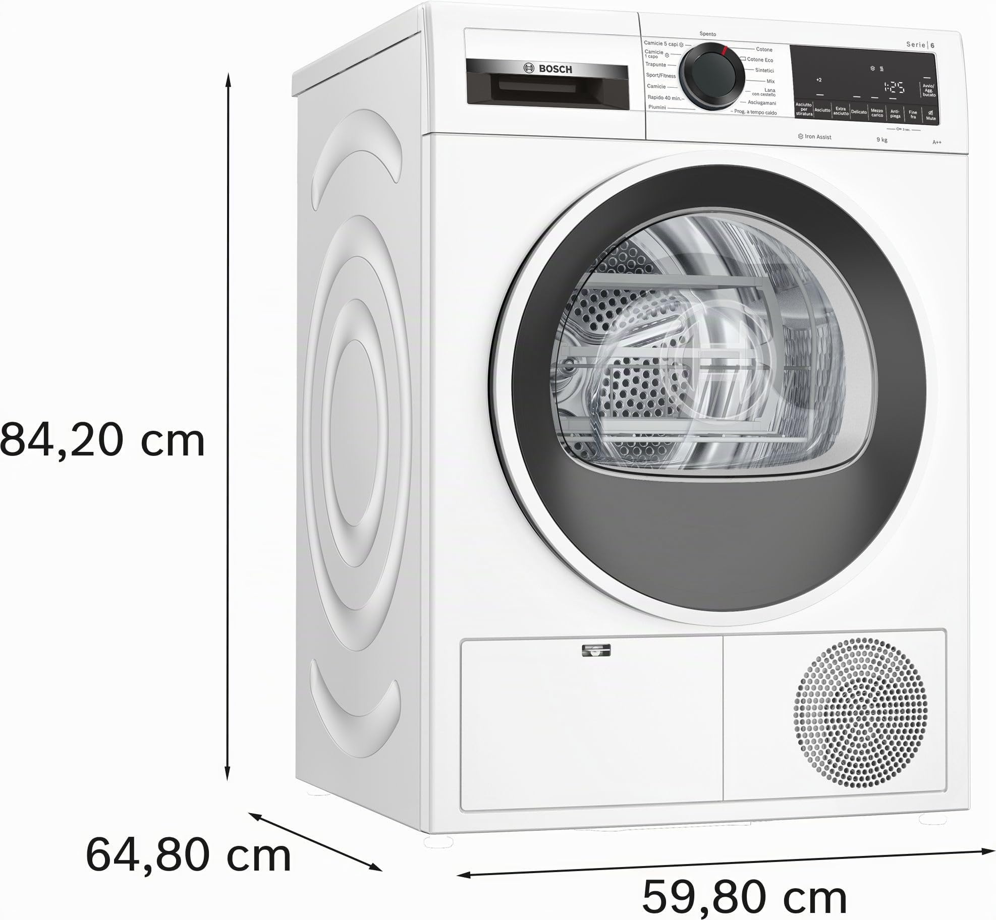 Bosch WQG241A5IT Serie 6 Asciugatrice a pompa di calore, 9 kg, Classe energetica E, Sensori di asciugatura intelligenti, Filtro semplice da pulire, Riduce le pieghe,Bianco, 60 Cm