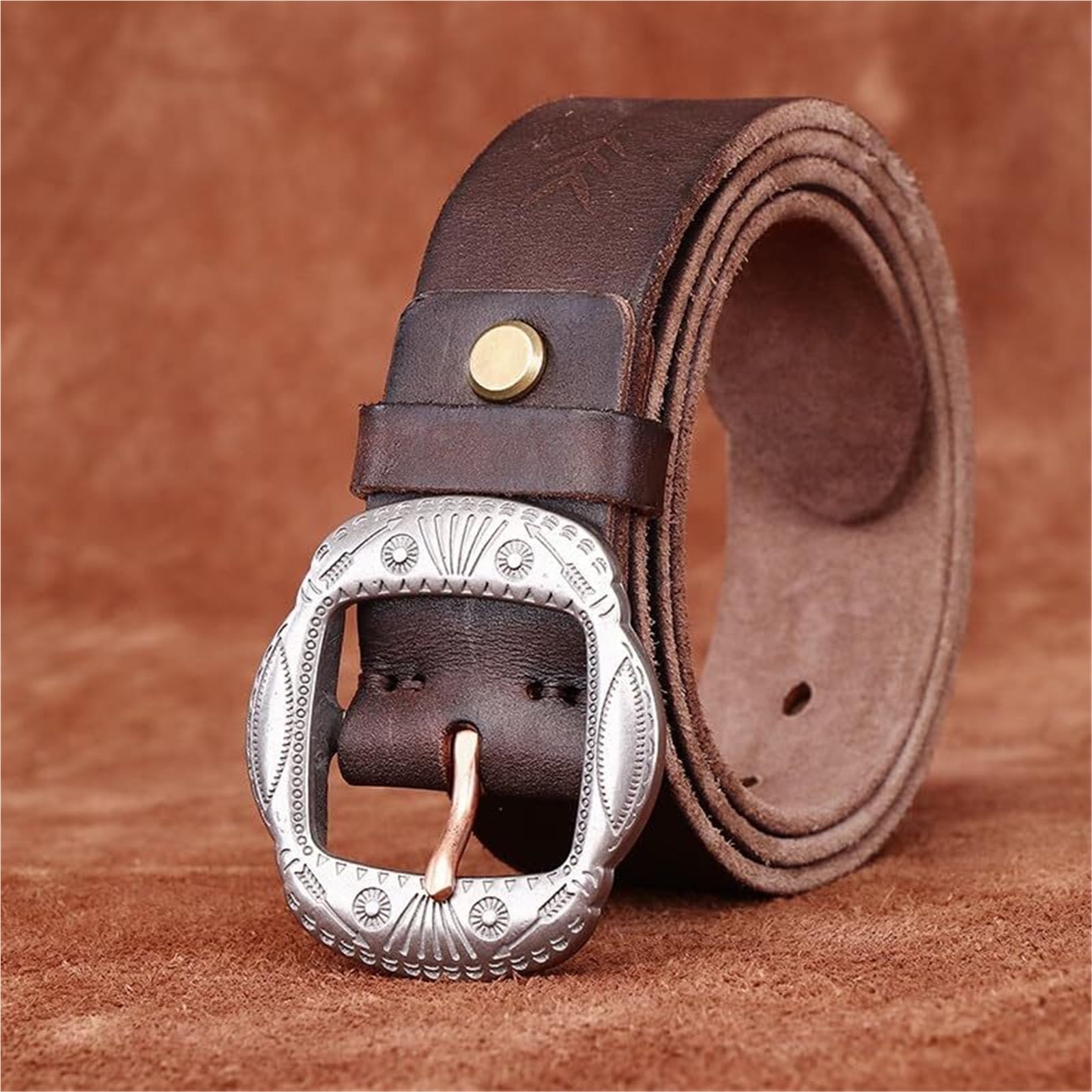Cintura Da Uomo In Pelle Goffrata Vintage-western, Fibbia In Argento Anticato Con Motivo Floreale Inciso, Cinturino In Vita Effetto Invecchiato Country