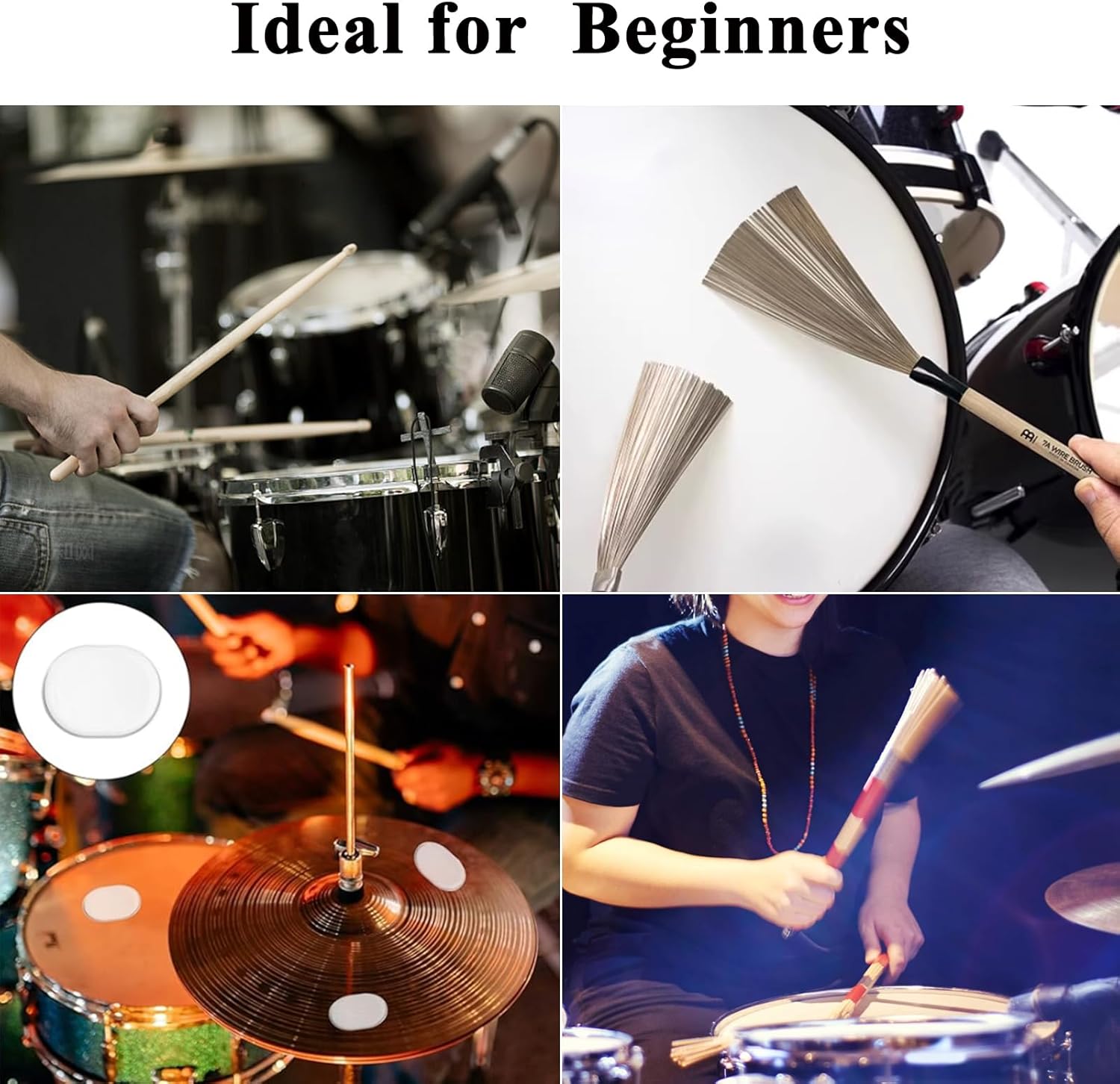 Drum Sticks Set, a Pair of 5A Drum Sticks, a Pair of Drum Rods Brushes,a Pair of Retractable Drum Wire Brushes,12PCS Drum Dampeners with Portable Bag for Rock Band, Jazz Folk Students,Red