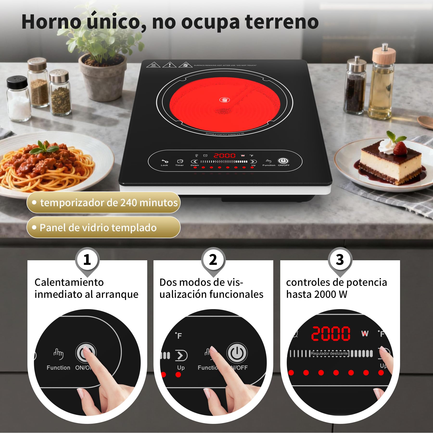 VBGK vitro portatil 1 fuego，220V 2000W placa vitroceramica con control táctil LED, 10 niveles de potencia, temporizador de 4 horas, bloqueo de seguridad y protección contra sobrecalentamiento.