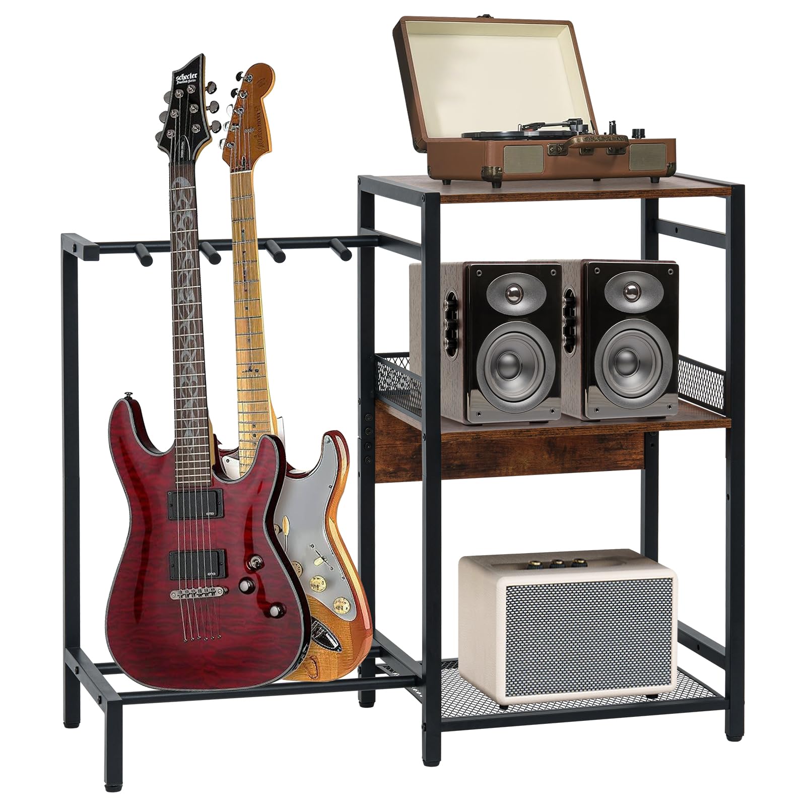 Awhtixbo Guitar Stand, Guitar Rack for Multiple Guitars Up to 3, 3-Tier Vinyl Record Player Stand, Rack for Acoustic, Bass, Ukulele, Amp, Turntable Stand for Home Music Studio