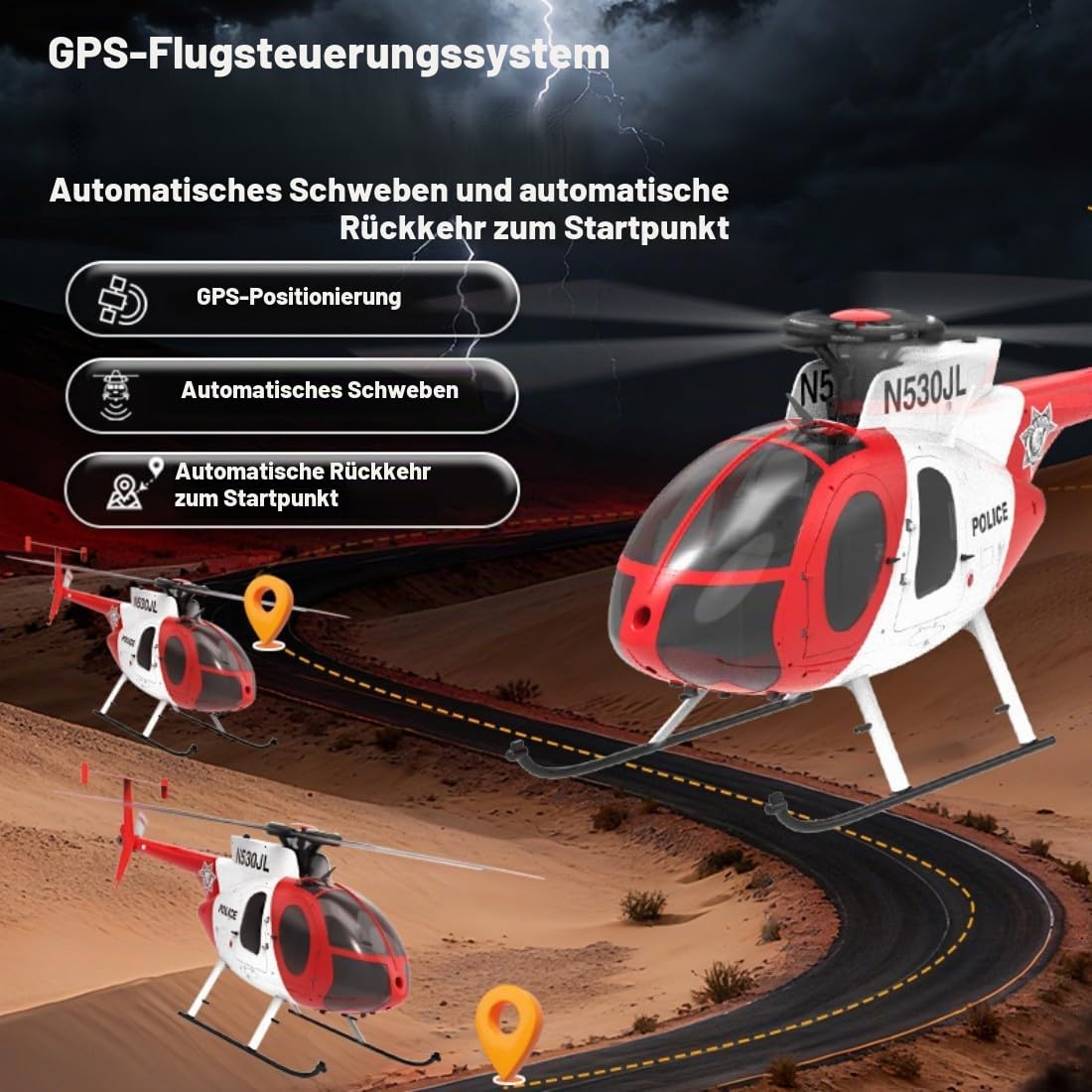 YU Xiang F119S MD500 RC Hubschrauber, 1/16 Intelligenter Helikopter mit GPS-Positionierung & Optical Flow, 6G/3D Kunstflug 9CH RTF Militär Heli Modell für Fortgeschrittene
