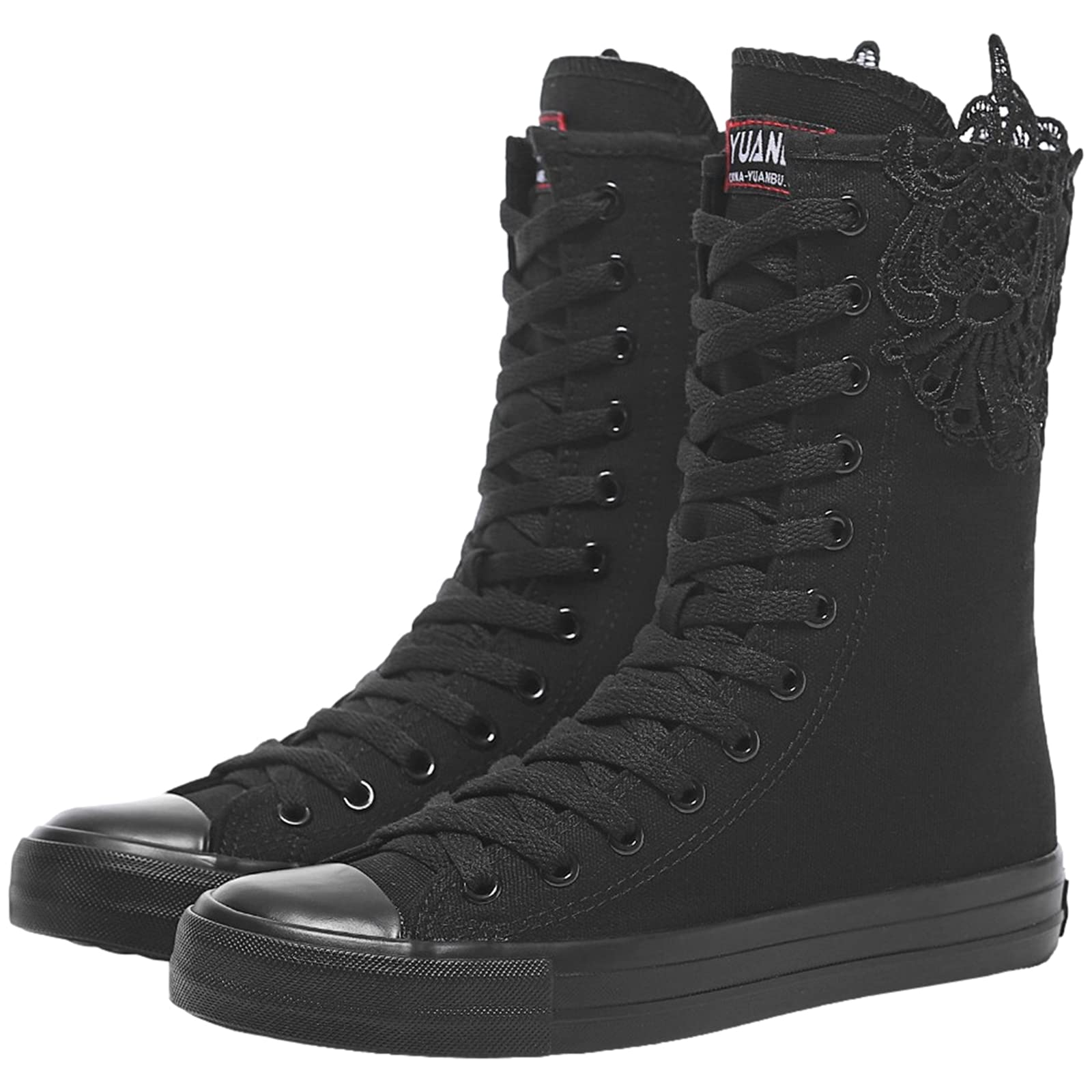 rismart Donna Tela Stivali Metà Polpaccio Punk High Tops Stringate Scarpe