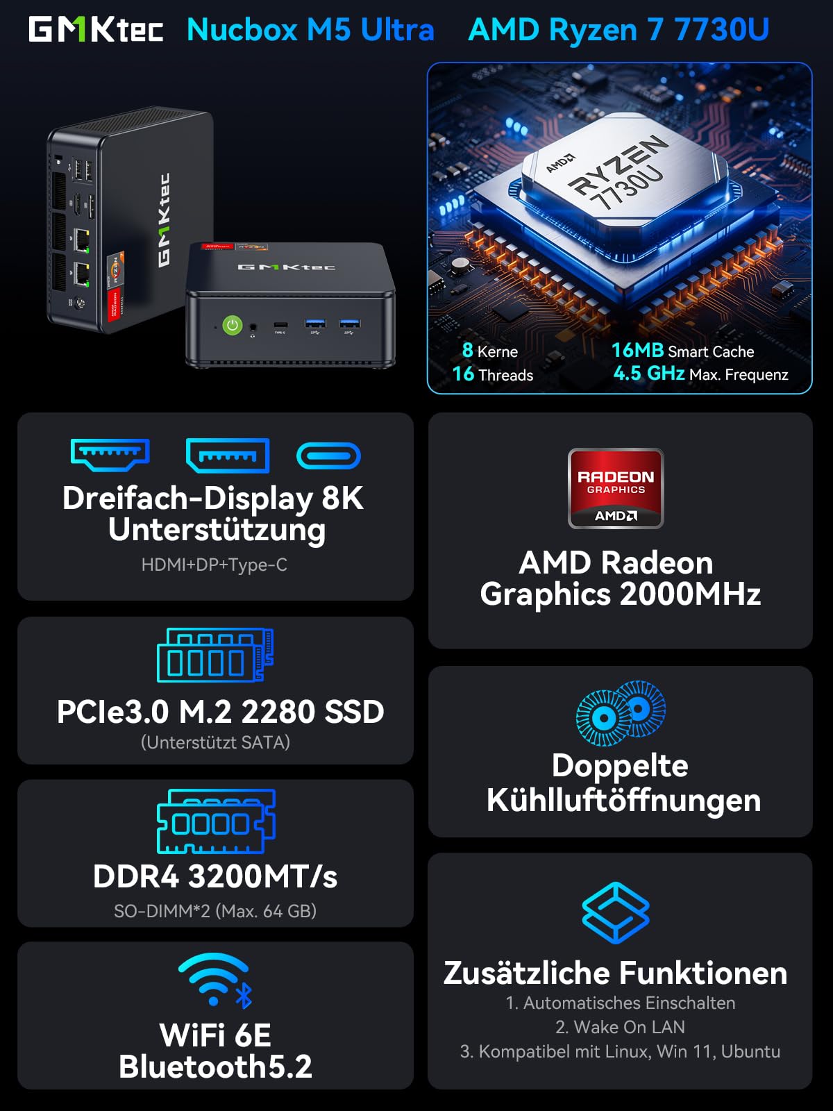 GMKtec [3-Jahren-Garantie AMD Mini PC Ryzen 7 7730U(Beats 7430U/5825U)(8K/16T bis 4.5GHz) M5 Ultra Micro PC 32GB DDR4 512GB M.2 SSD, mit Dual 2.5G LAN|WiFi6E|4K Triple Display|USB C für Gaming & Büro